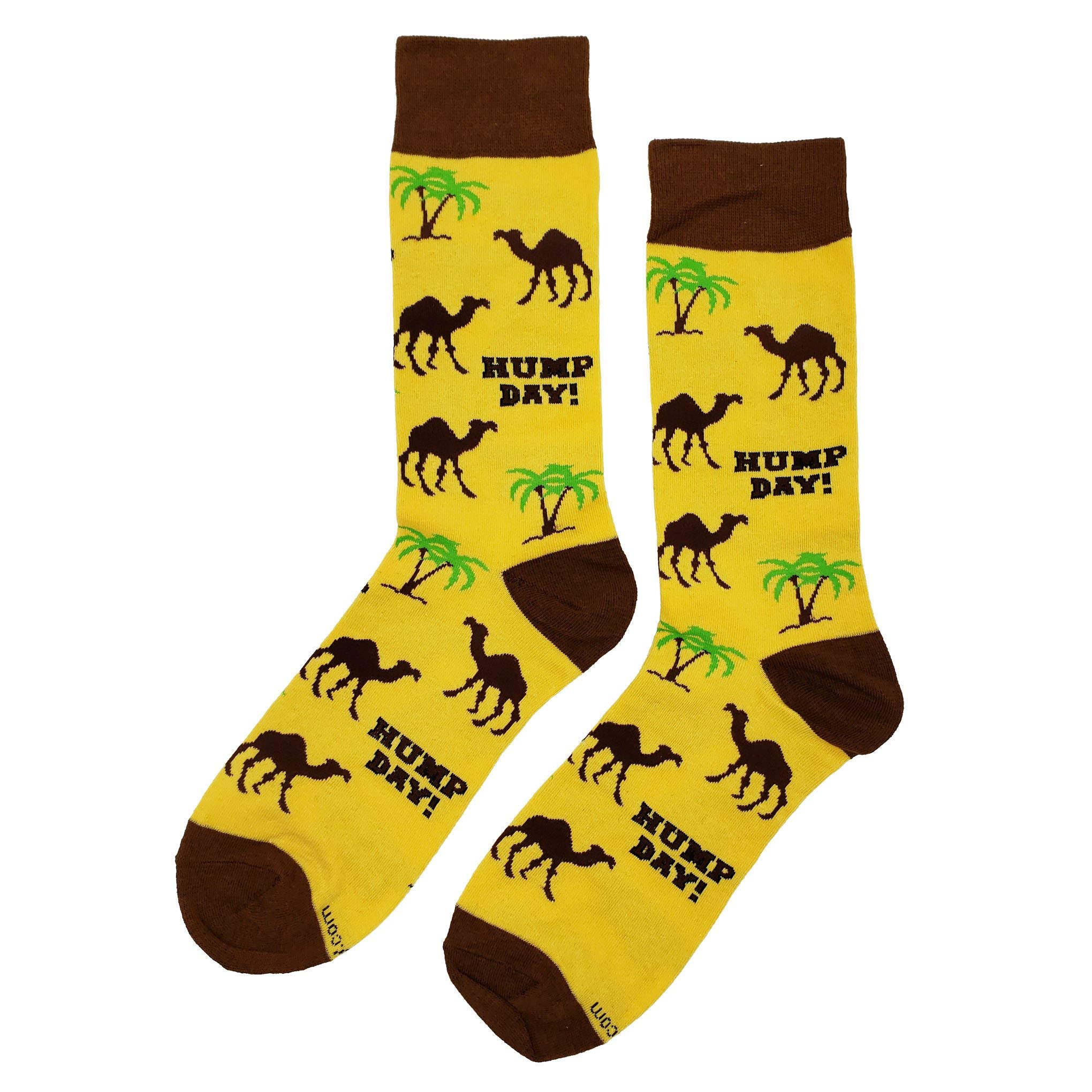 Funny Hump Day Dress Socks for Men - Novelty Crazy Fun Design, Size 8-12, Cotton Casual Crew Socks, Colorful Funky Fancy Gift - Perfect for Office Humor, Casual Wear & Gift Giving