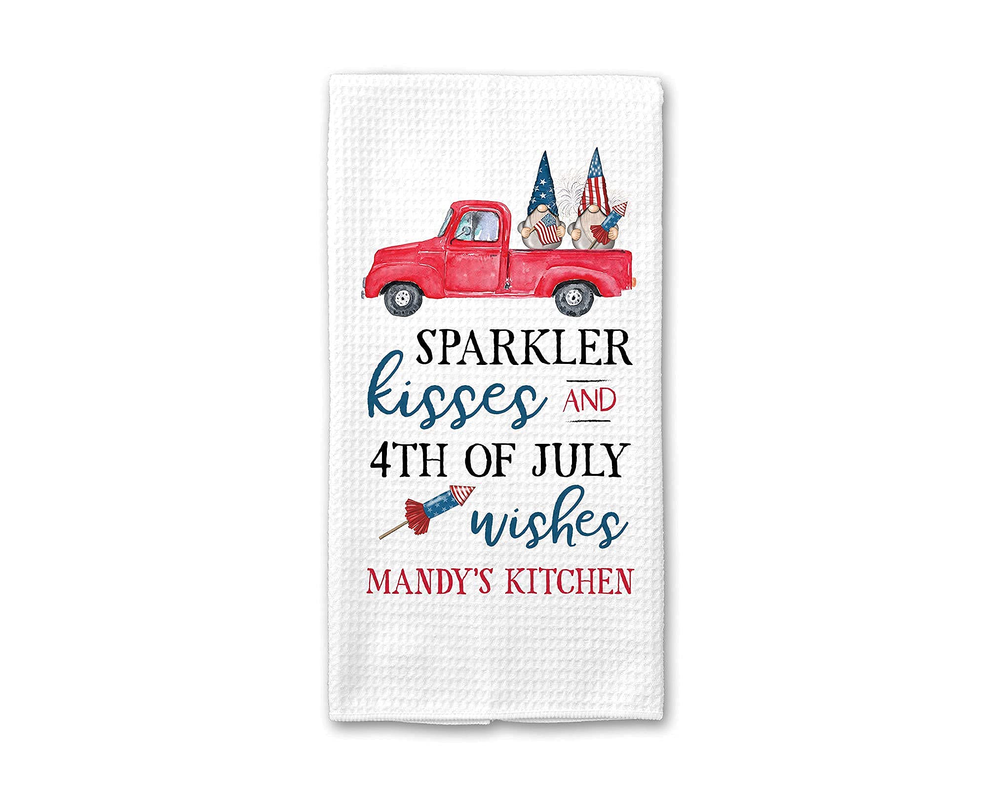 Personalized Sparklers Kisses and 4th of July Wishes Kitchen Towel - Custom Waffle Weave Holiday Towel for Independence Day Decor, Summer Kitchen Accessories | Perfect for Patriotic Parties, BBQ Gatherings & Home Decoration