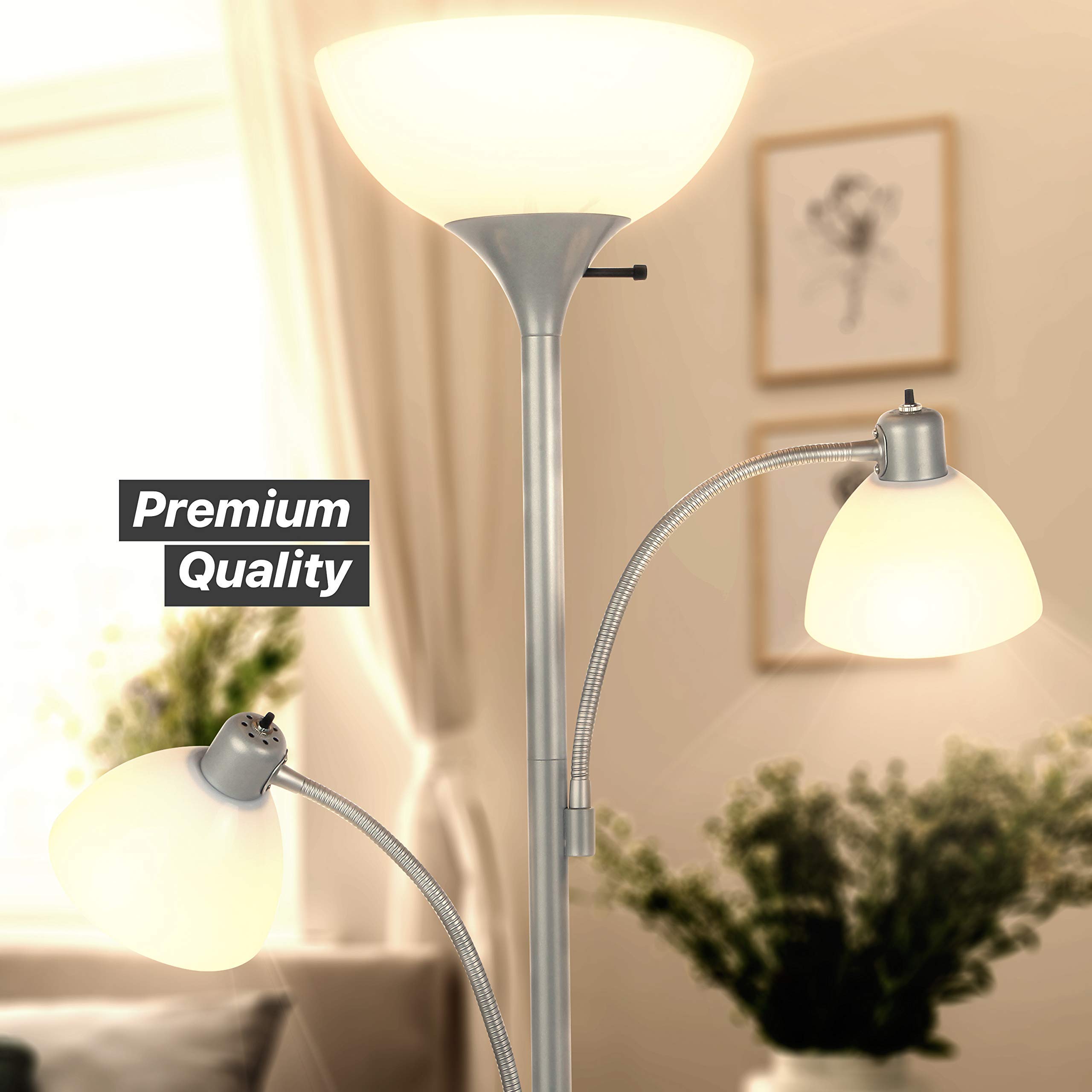 Brightech Sky Dome Double LED Floor Lamp - Super Bright Torchiere with 2 Adjustable Reading Lights, Dimmable Standing Lamp for Living Room, Bedroom & Office - Tall Silver Pole Floor Light for Reading, Working & Relaxing