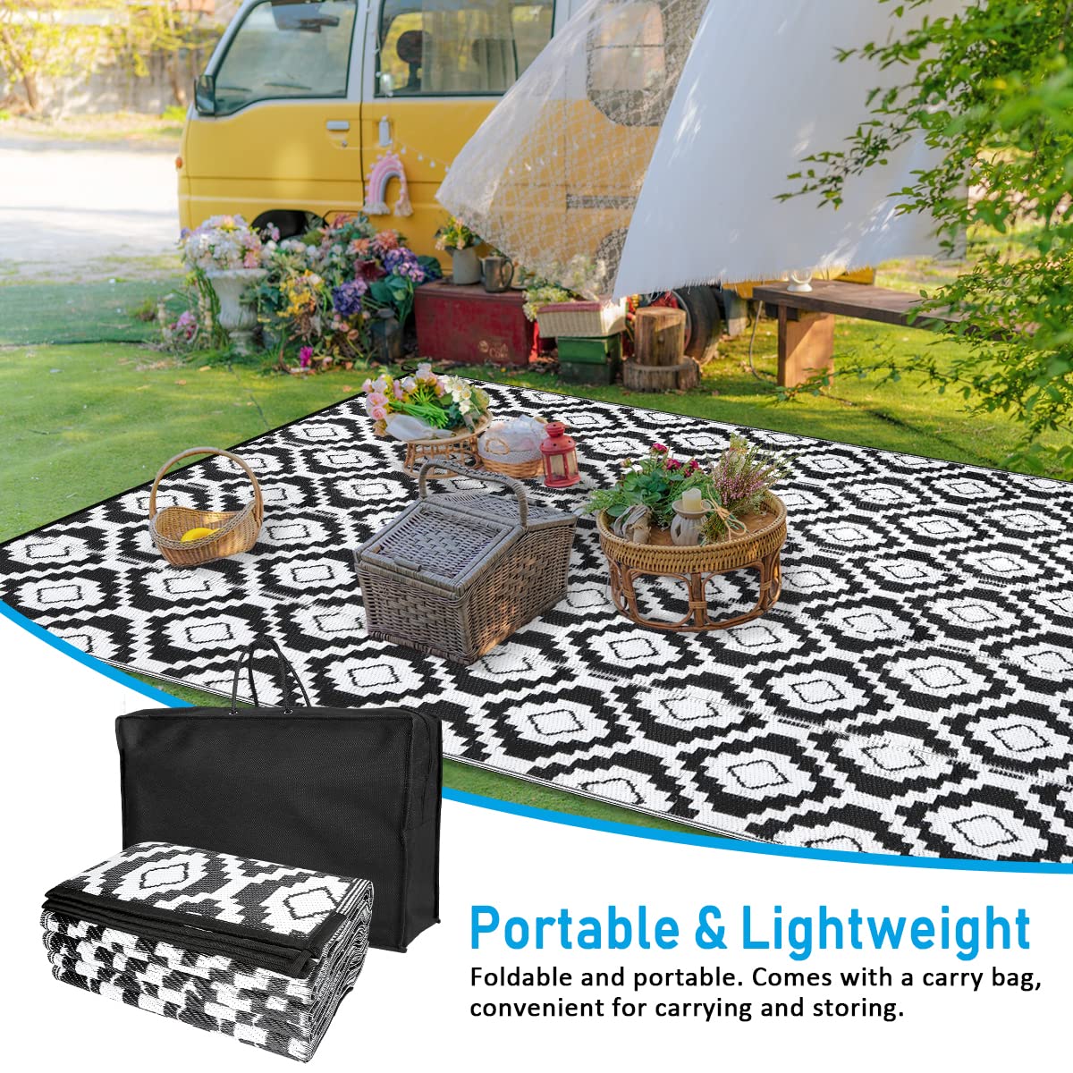 HIHEGD 9x12 Waterproof Reversible Outdoor Rug for Patio, Camping, RV - Durable Plastic Straw Mat for Indoor & Outdoor Use - Perfect for Porch, Deck, Backyard, Picnic (Black and White) - Ideal for Summer BBQs, Beach Trips, and Garden Parties