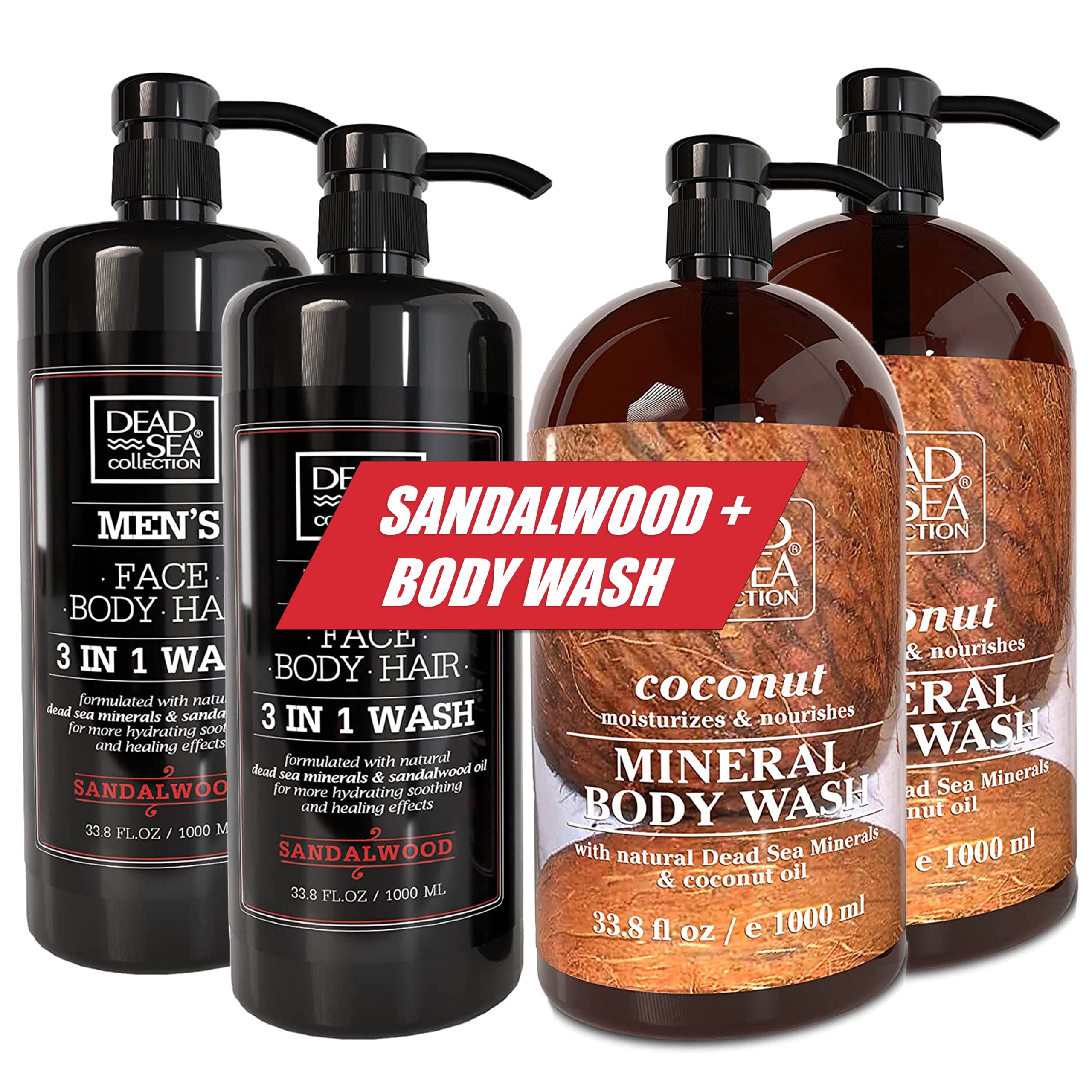 Dead Sea Mineral Body Wash Set for Men & Women - 2 Double Packs (4 Bottles Total) - Hydrating & Exfoliating Shower Gel for Dry Skin - Perfect for Spa Day & Gift Sets