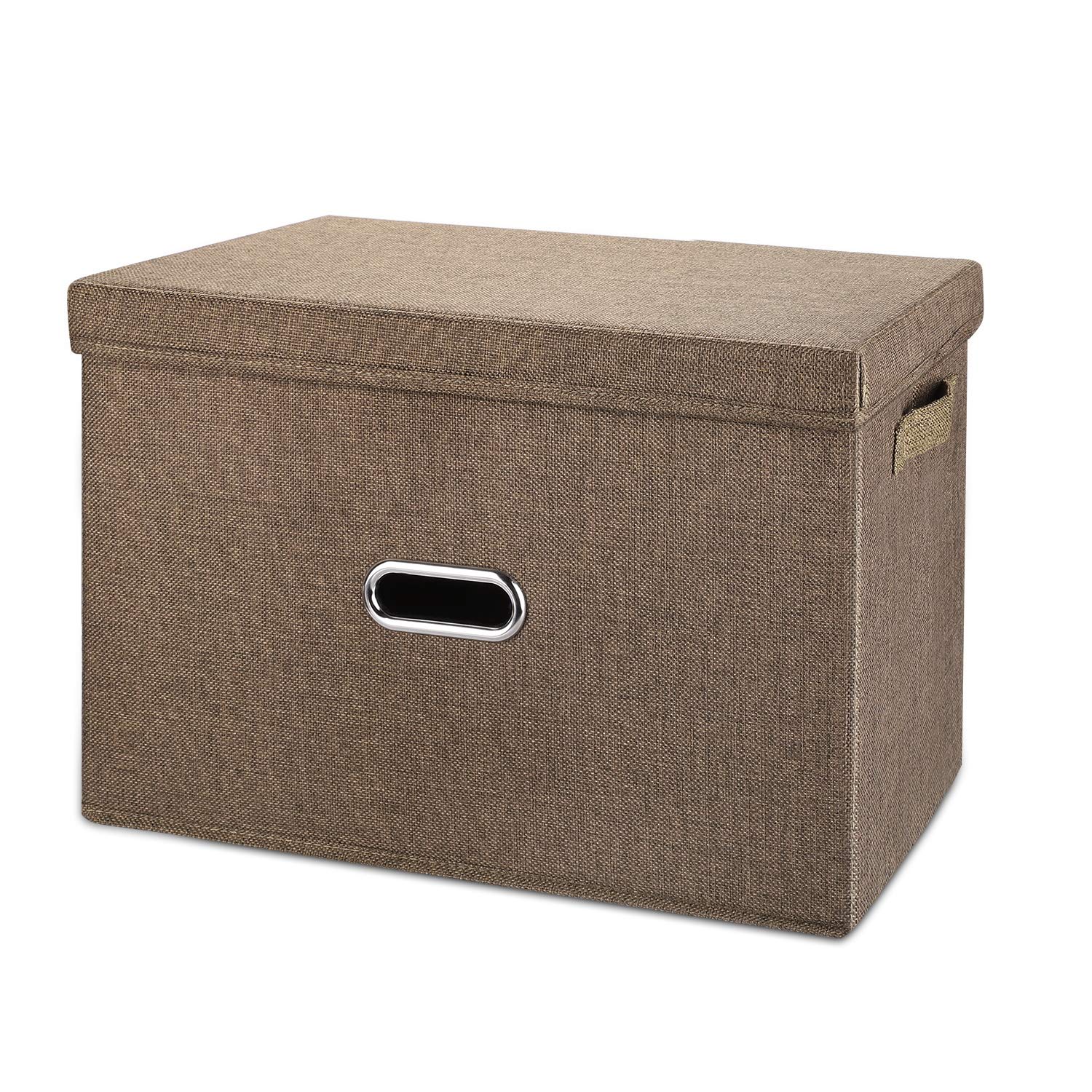 Linen Fabric Collapsible Storage Bins with Removable Lids & Handles - Washable Foldable Storage Box Organizer for Closet, Bedroom, Office, Nursery, Living Room - Perfect for Home Organization & Space Saving (Coffee, Medium Size)