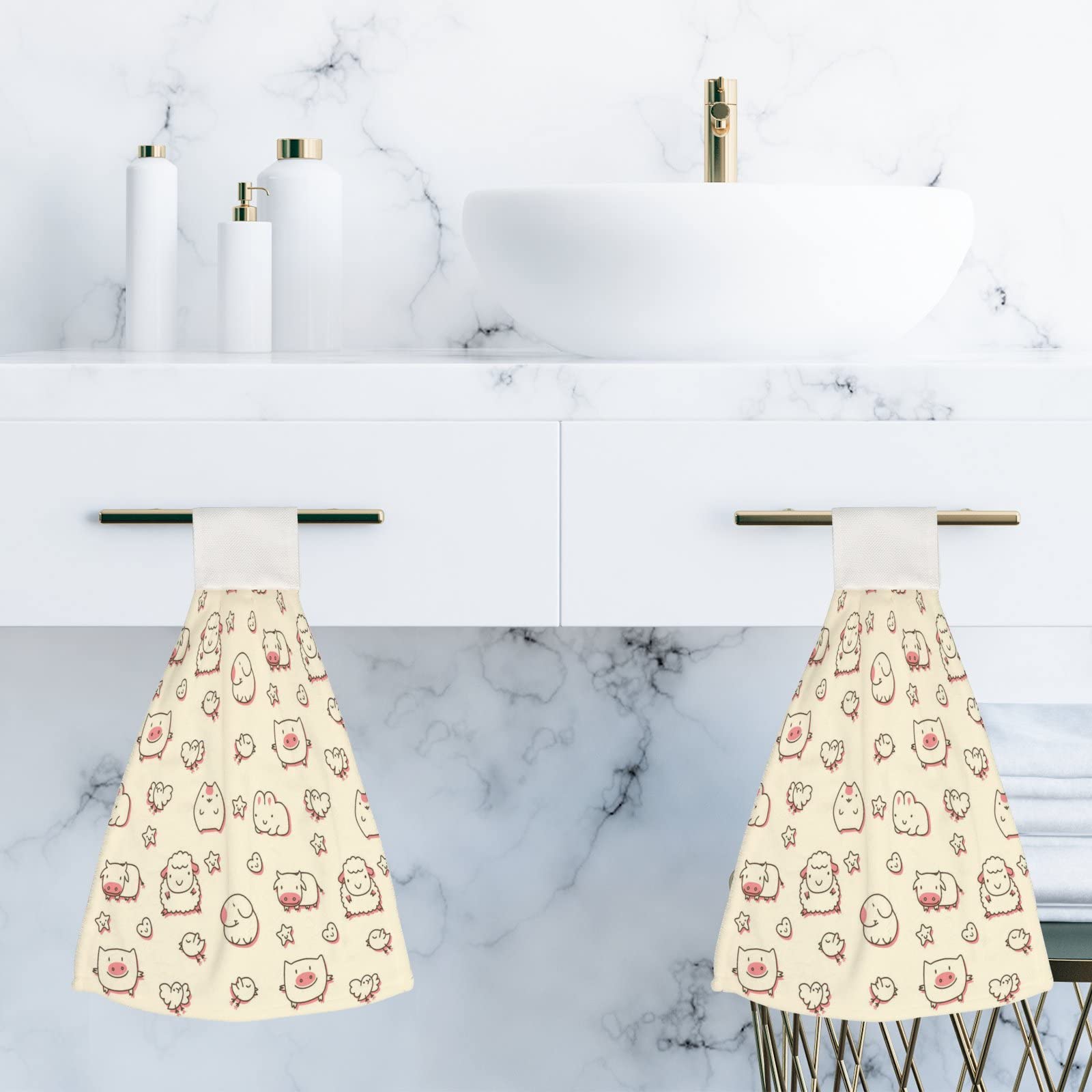 Super Absorbent Kitchen Hanging Hand Towels Set of 2 - Cute Cartoon Animal Design in Beige & Pink | Soft Bathroom Towels with Loop for Easy Hanging | Machine Washable | Perfect for Kids' Rooms, Bathrooms & Kitchen Decor