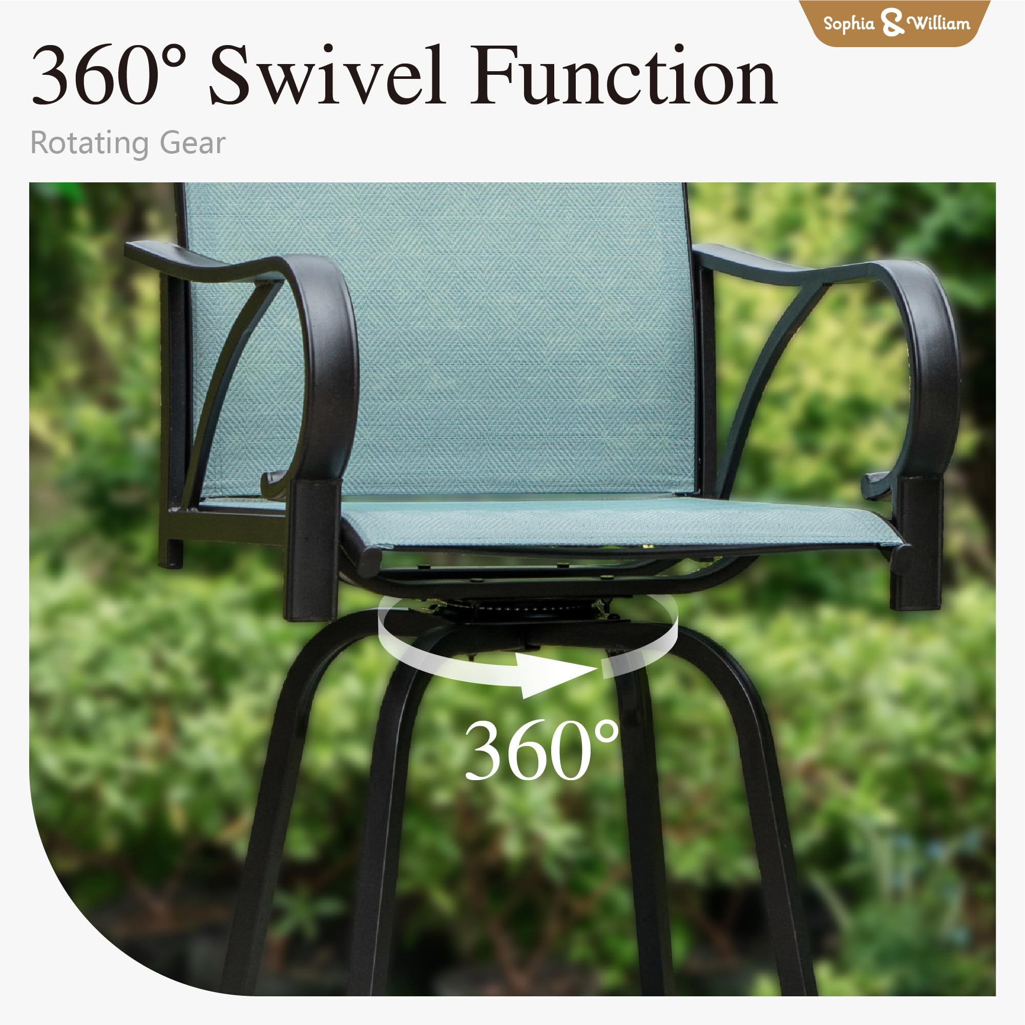 Sophia & William Outdoor Bar Stools Set of 2 - Swivel Bar Chairs with 300 lbs Weight Capacity, Tall Patio Chairs for Deck, Poolside or Backyard, Baby-Blue Fabric High Top Chairs - Perfect for Outdoor Dining, Entertaining or Relaxing