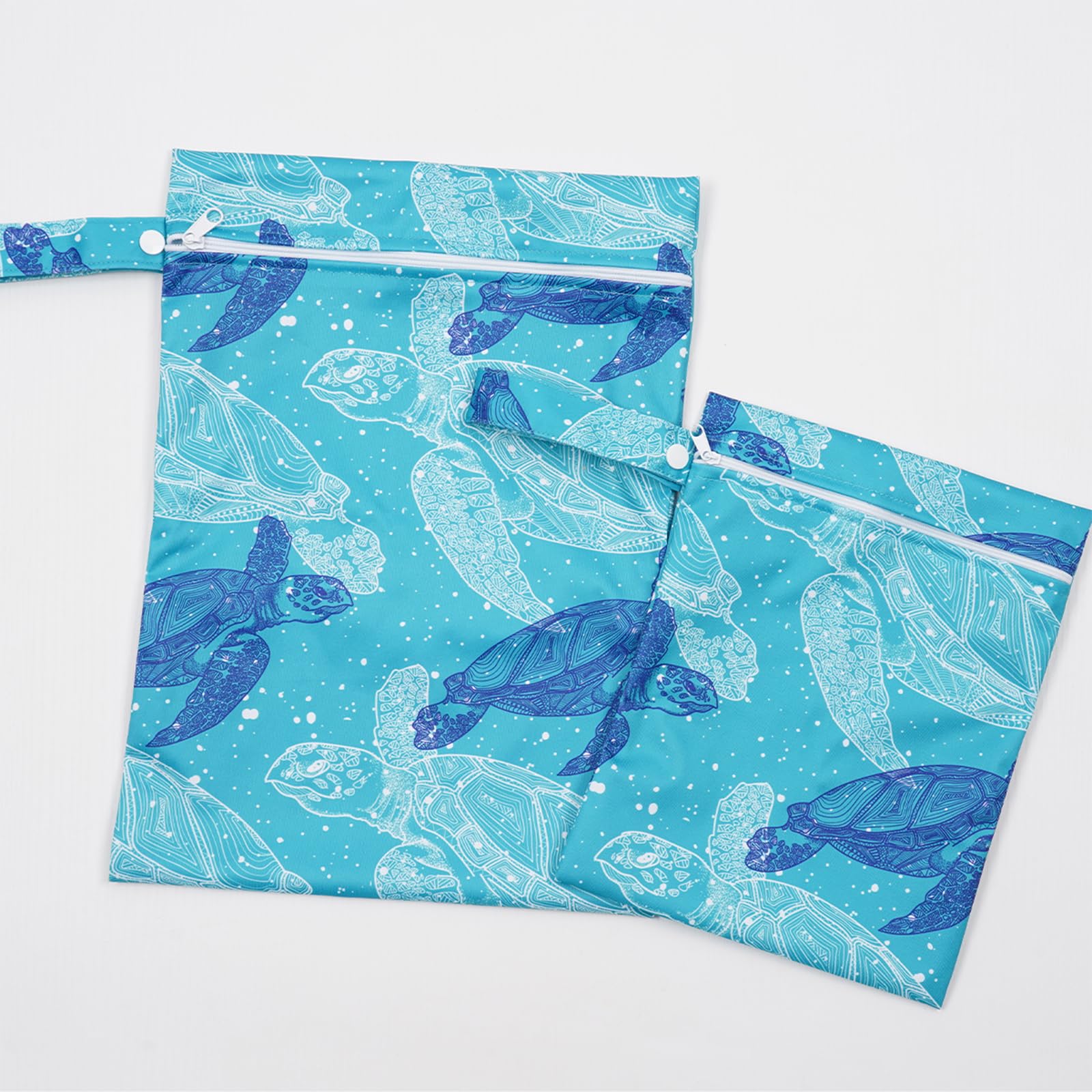 2 Pack Waterproof Reusable Wet Dry Bags with Zipper - Eco-Friendly Cloth Diaper Storage for Travel, Beach, Pool & Swim | Perfect for Baby Diapers, Gym Yoga Clothes, Swimsuits & Water Wipes (Blue Turtle Design) - Ideal for Daycare, Outdoor Activities & Sports Gear Organization