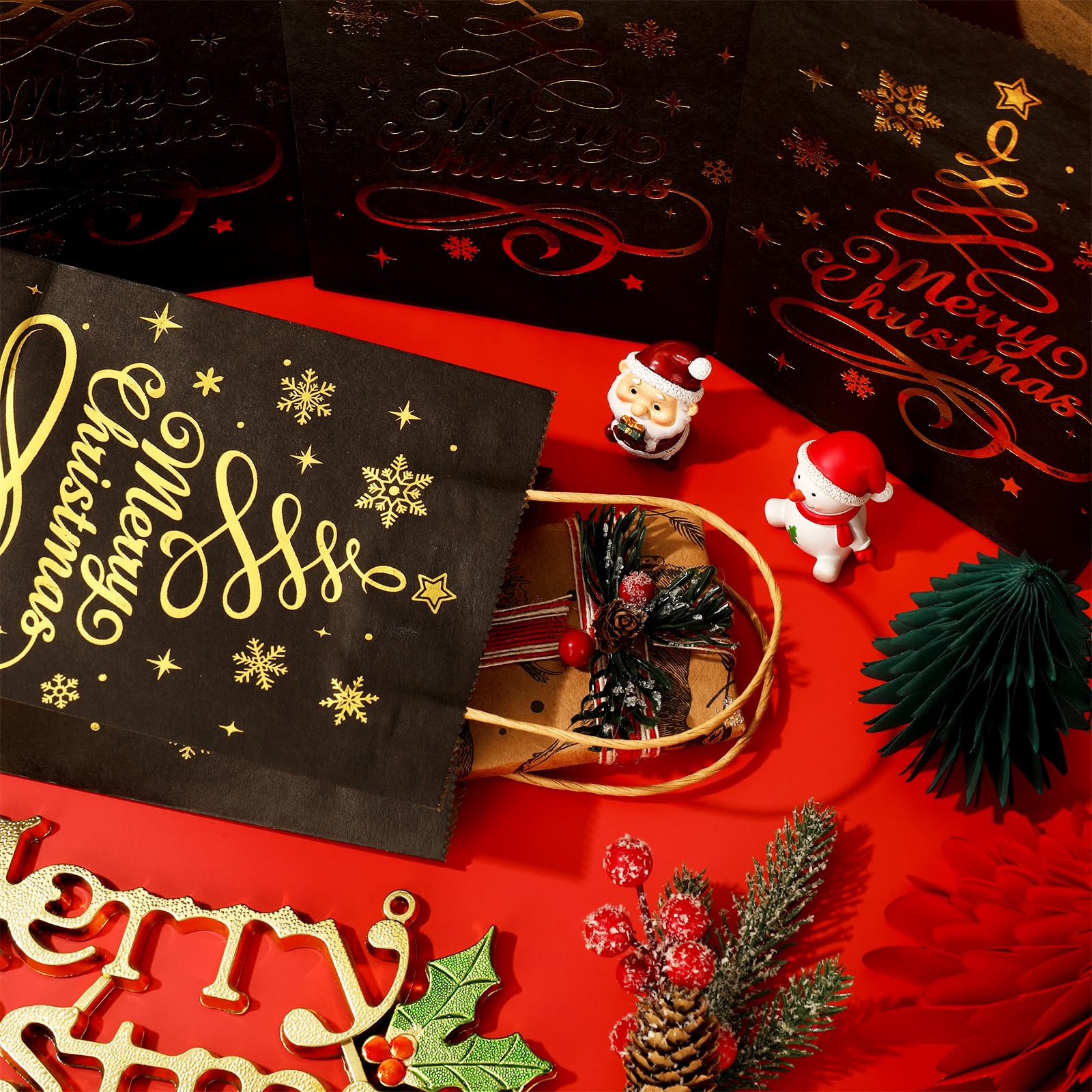 24Pcs Christmas Kraft Paper Gift Bags with Handles - Black Gold Xmas Tree Design for Holiday Party Favors, Winter Treat Bags & Christmas Decorations | Perfect for Office Gifts, Classroom Treats & Holiday Party Supplies