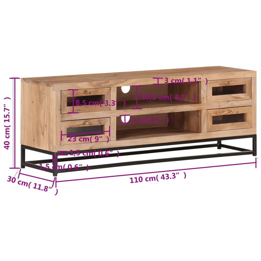 Industrial TV Stand with Drawers & Shelves - Solid Acacia Wood & Steel Base TV Cabinet 43.3