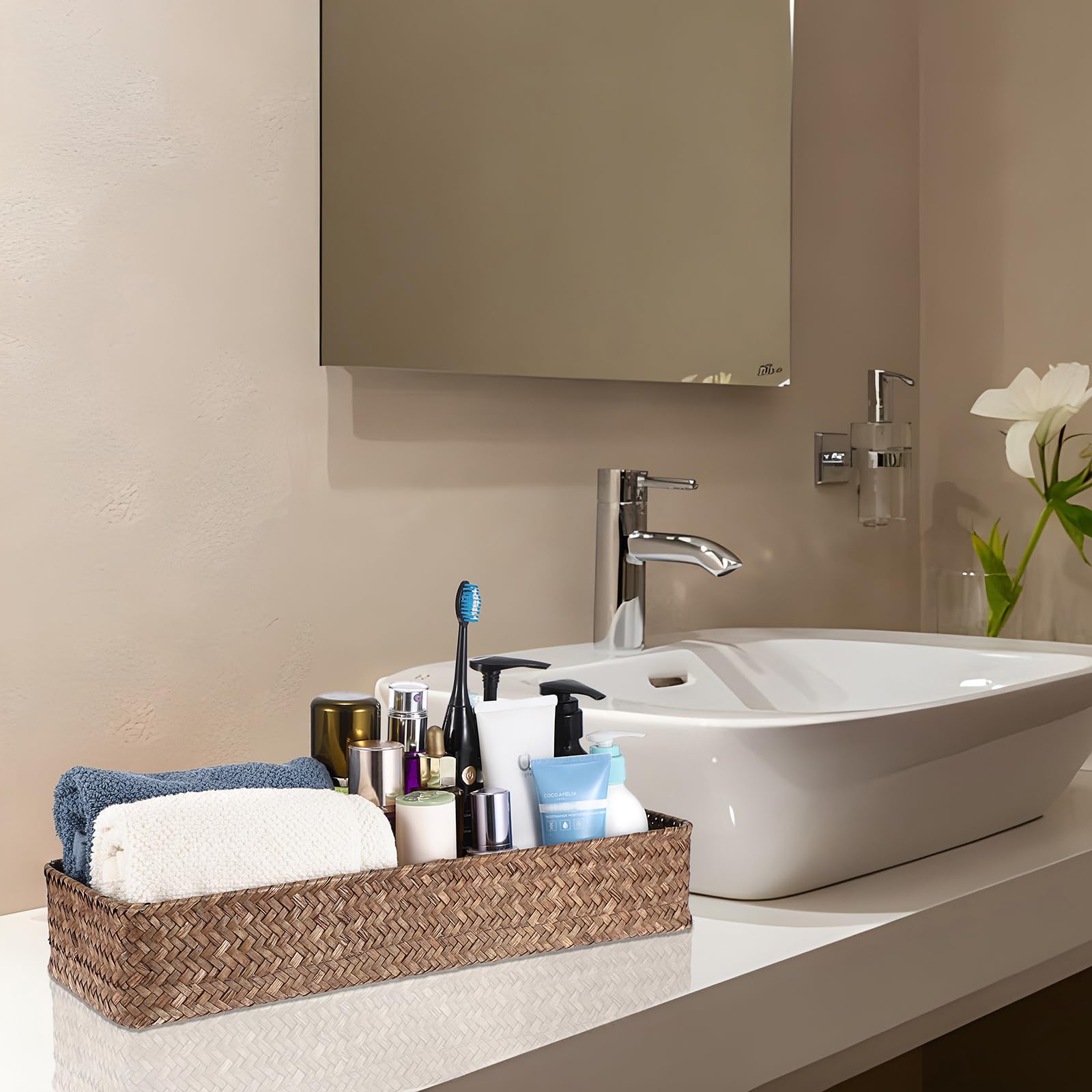 Eco-Friendly Seagrass Toilet Paper Storage Basket - Woven Bathroom Organizer for Toilet Paper & Tissues - Back of Toilet Shelf Organizer - Perfect for Bathroom, Coffee Shop & Office Decor