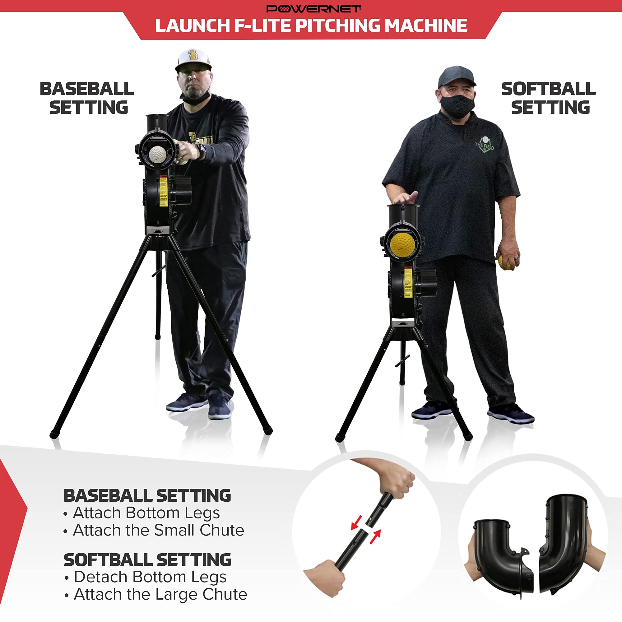 PowerNet Launch F-lite Softball & Baseball Pitching Machine with Dimpled Practice Balls & Bucket of Baseballs - Complete Coaching Bundle for Baseball Training | Perfect for Backyard Practice, Team Drills & Pitching Practice