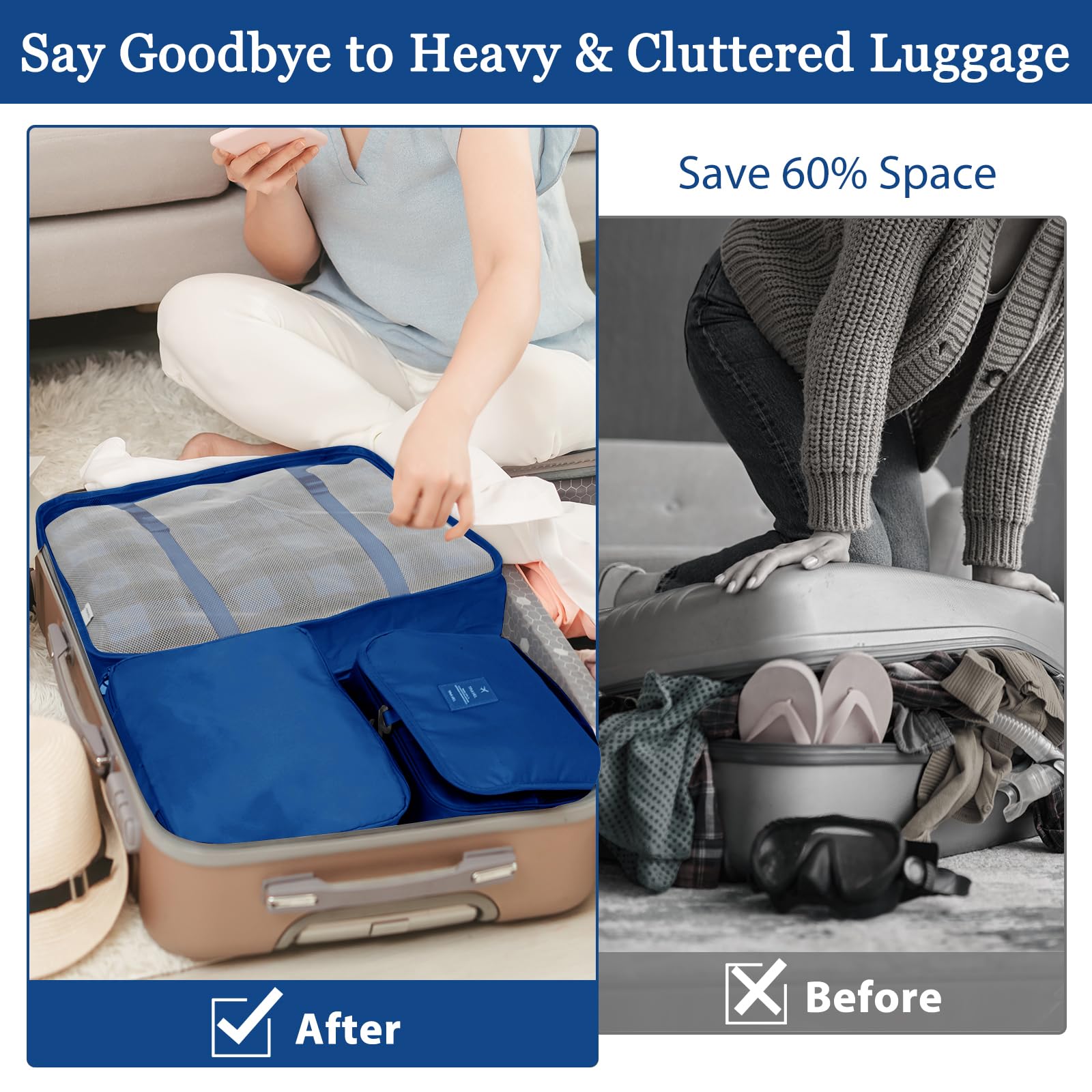 Hestiasko 9-Piece Waterproof Packing Cubes Set - Lightweight & Foldable Travel Organizers for Suitcase, Clothes, Shoes & Cosmetics - Perfect for Business Trips, Vacations & Daily Use (Navy Blue)