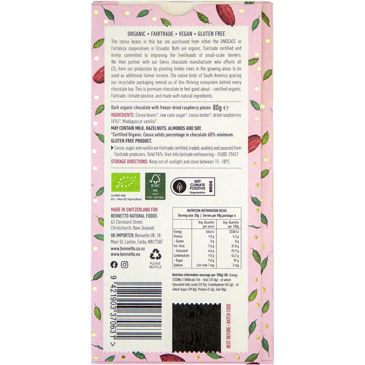 Bennetto Organic Dark Chocolate Bar 80g with Raspberries – Premium Vegan Snack for Gifts, Desserts & Healthy Treats
