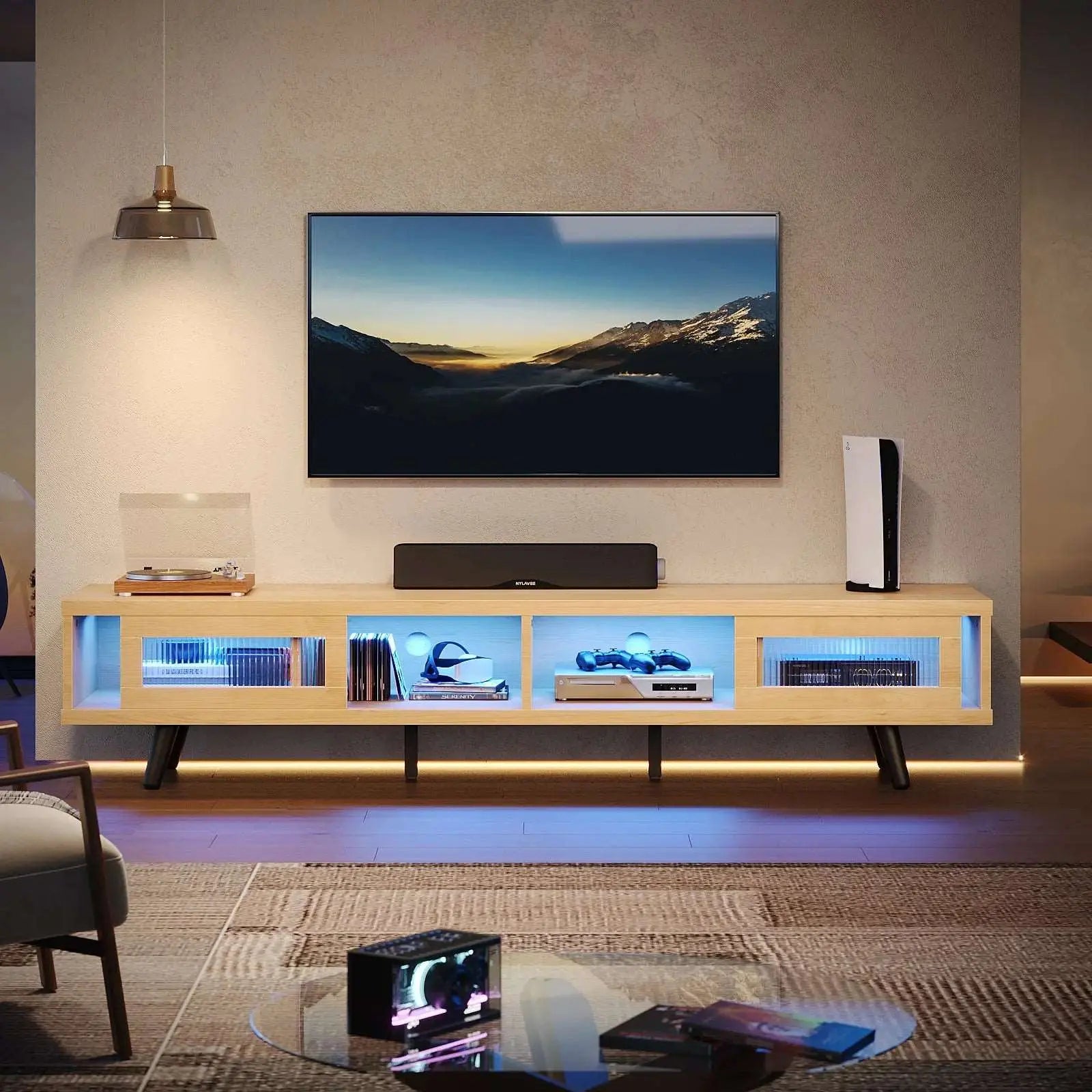 Bestier 70 Inch LED Modern Low Profile TV Stand with Storage - Slim Entertainment Center for Living Room, Bedroom & Home Theater - Perfect for Mounting Flat Screen TVs & Organizing Media Devices