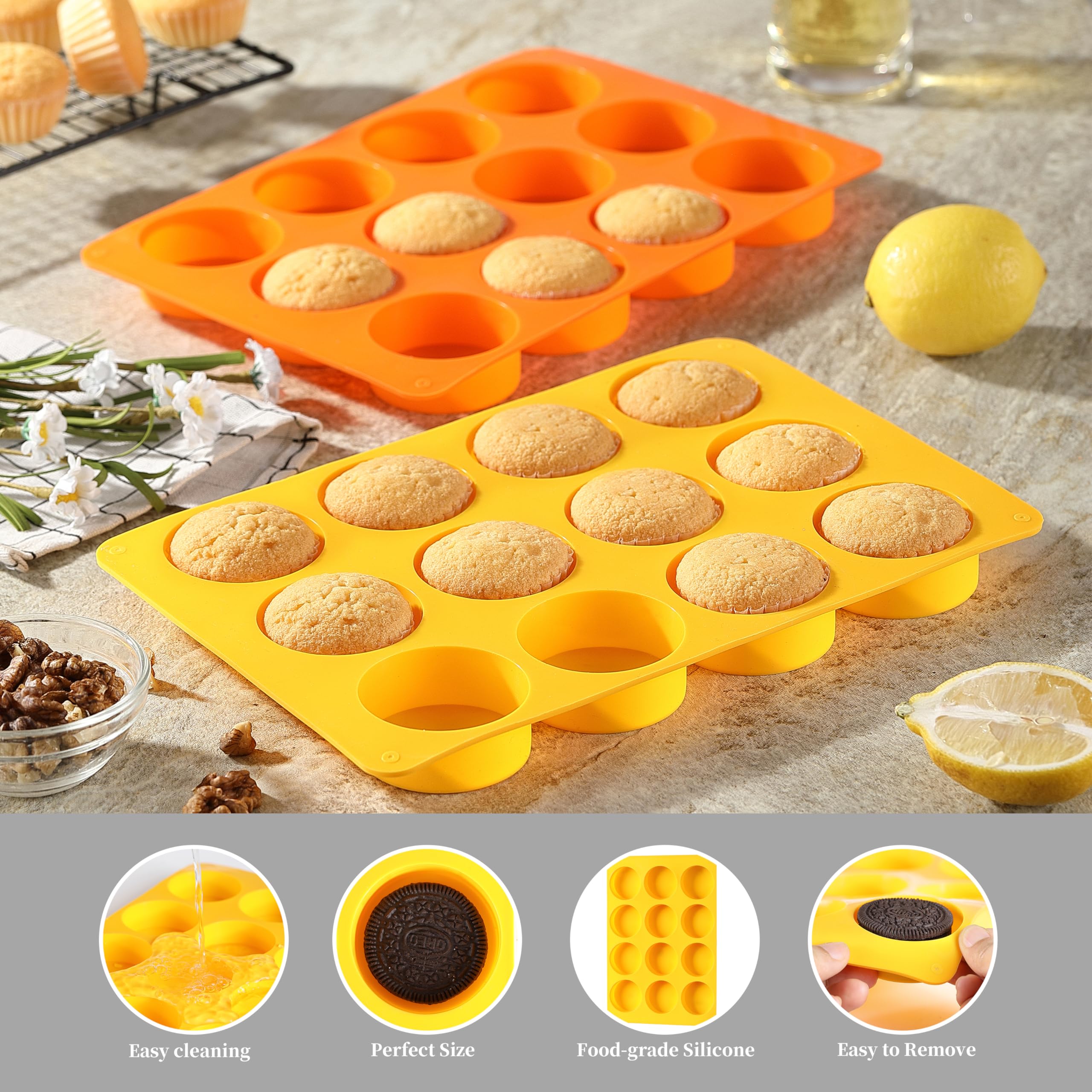 2-Pack Oreo Chocolate Cookie Silicone Molds - 12-Cavity Round Baking Molds for Cookies, Candies, Mini Cakes & Jelly (Orange + Yellow) - Perfect for DIY Desserts, Party Treats & Holiday Baking