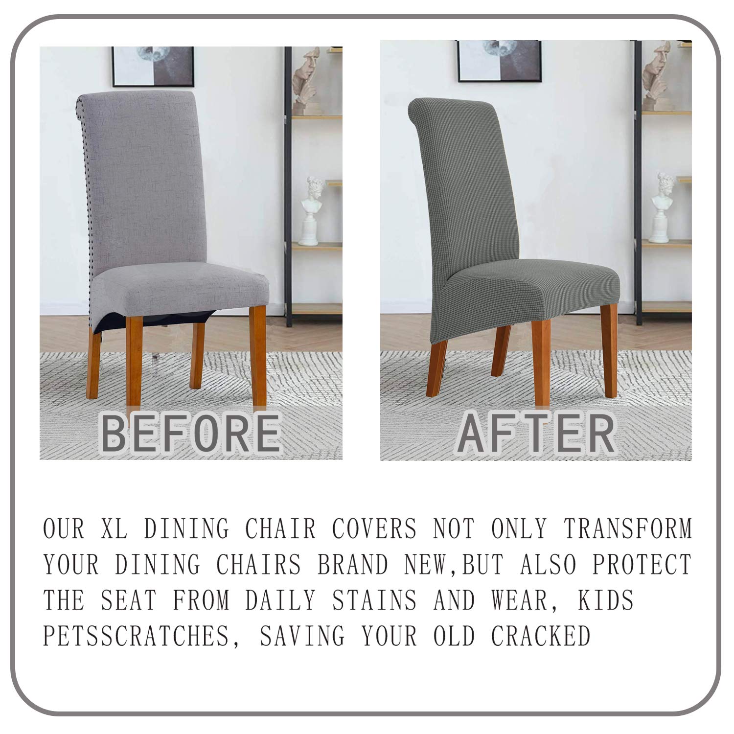 Deisy Dee Stretch XL Oversized Soft Spandex Dining Chair Covers - Washable & Removable Slipcovers for Kitchen & Dining Room (Grey, 2 Pack) - Perfect for Home, Restaurant, and Office Use