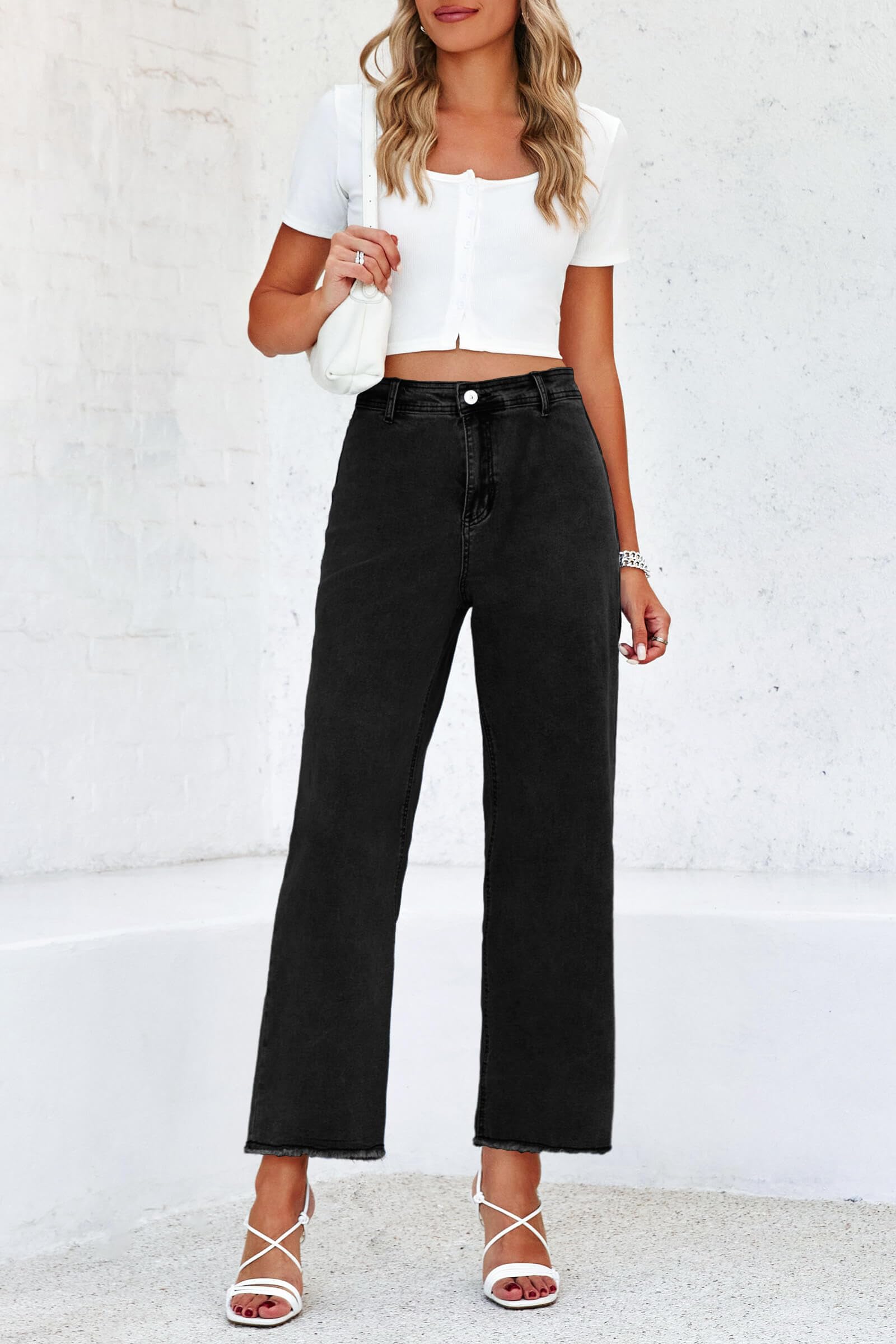 PLNOTME Women's Wide Leg Baggy Jeans - High Waisted Boyfriend Jeans with Raw Hem - Casual Stretch Denim Pants for Everyday Wear, Street Style & Lounge Comfort