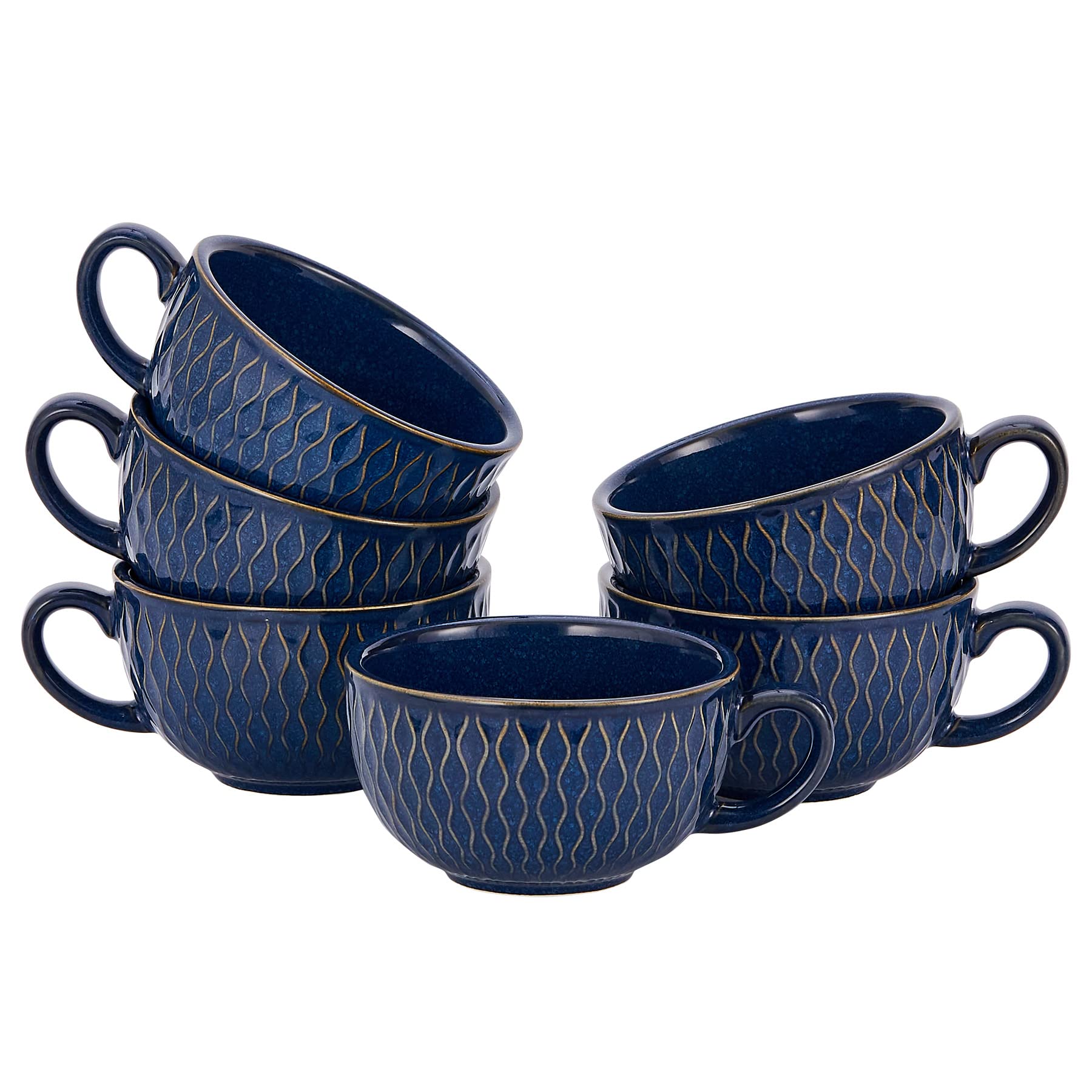 6-Pack Vintage Embossed Blue Ceramic Coffee Cups - 12 oz Professional Barista Latte Art Cappuccino Mugs Set for Home, Cafe & Restaurant Use
