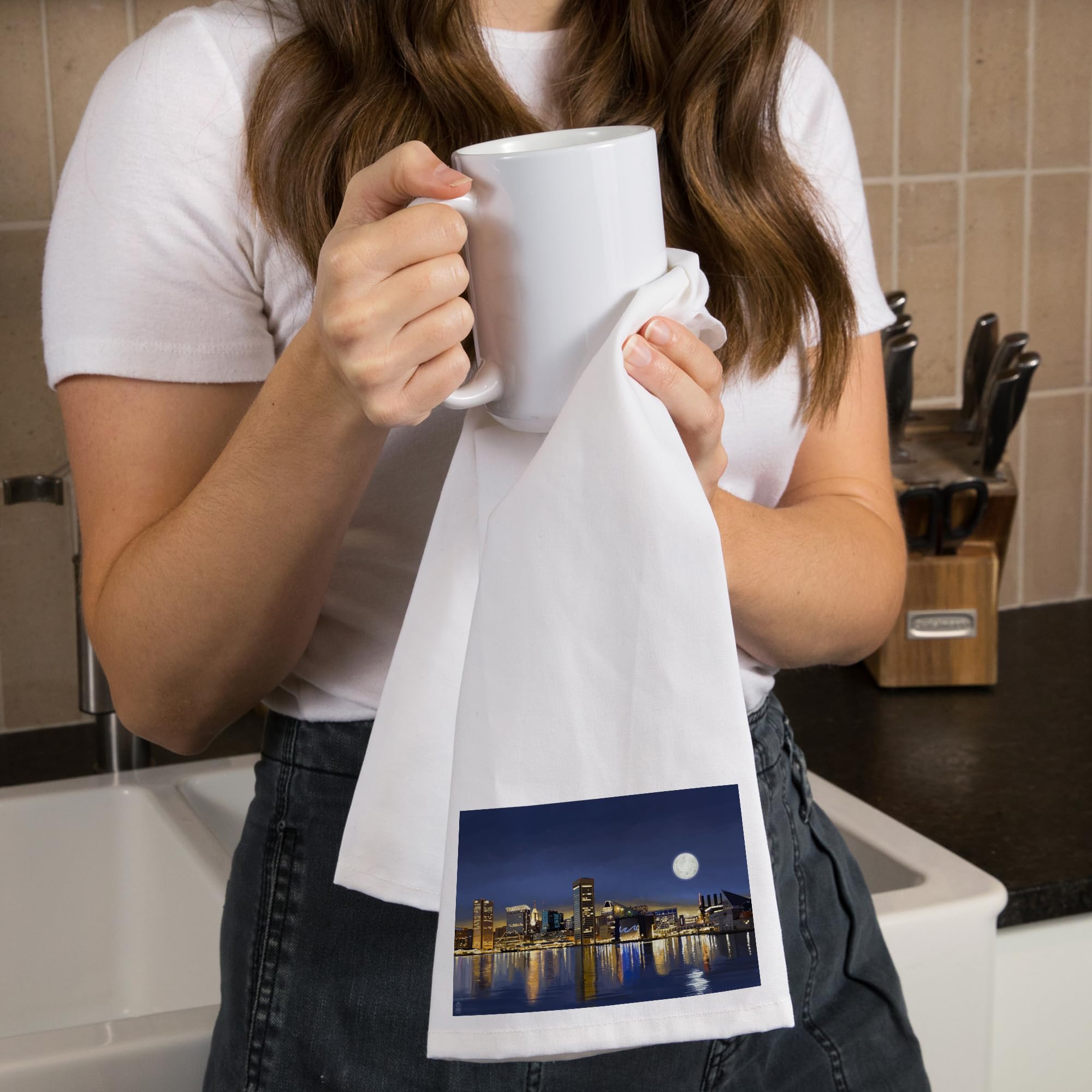 Lantern Press Baltimore Maryland Skyline at Night Tea Towel - 100% Cotton Decorative Hand Towel for Kitchen & Home Decor | Perfect for Dish Drying, Gift Giving & Coastal Themed Spaces