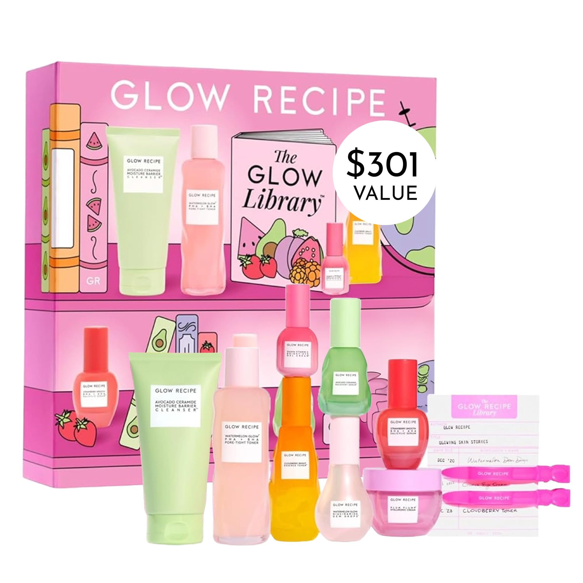 Glow Recipe Skincare Gift Set - Avocado Cleanser, Vitamin C Serum, Hydrating Toner, Guava Eye Cream, Hyaluronic Acid Moisturizer, Niacinamide Dew Drops, Strawberry BHA Serum with 2 Hair Clips (10-Piece Set) | Perfect for Daily Skincare Routine, Spa Day & Gift Giving