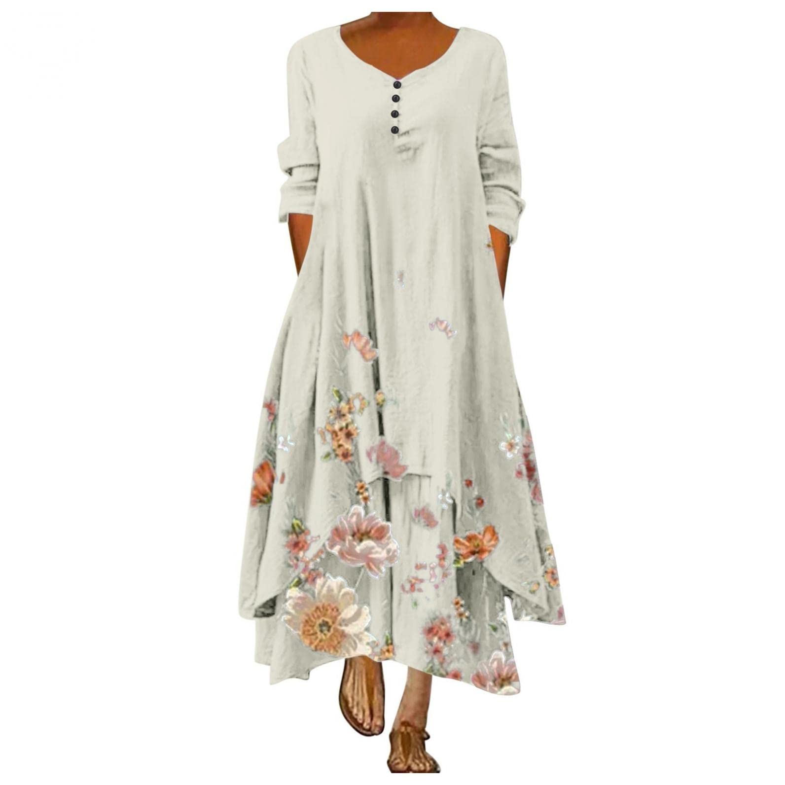 Masbird Women's Floral Print Maxi Dress - Casual Summer Long Dress with O-Neck & Irregular Hem | Perfect for Beach Vacations, Date Nights & Outdoor Parties
