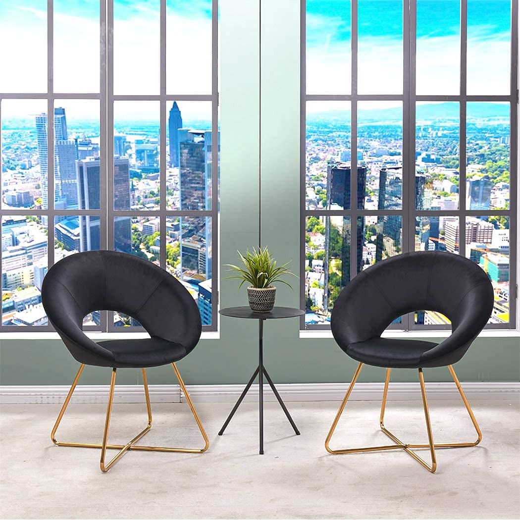 DUHOME Modern Velvet Accent Chairs Set of 2 - Mid-Century Upholstered Armchairs with Golden Metal Legs for Dining Room, Living Room & Lounge - Comfy Single Sofa Chairs in Black (Perfect for Small Spaces, Apartments & Cozy Reading Nooks)