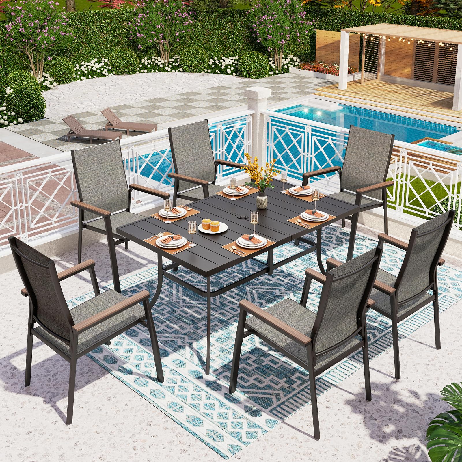 PHI VILLA 7-Piece Outdoor Dining Set - Durable Metal Patio Furniture with 59