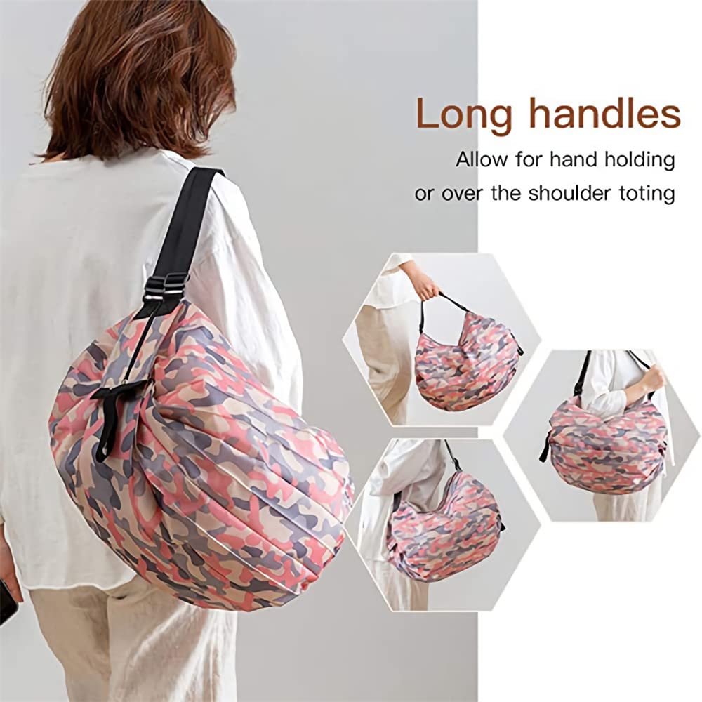 2-Pack Reusable Grocery Bags with Handles - Foldable, Washable & Waterproof Large Capacity Shopping Tote Bags - Pink Camouflage Design - Perfect for Groceries, Beach Trips & Travel (Q85)