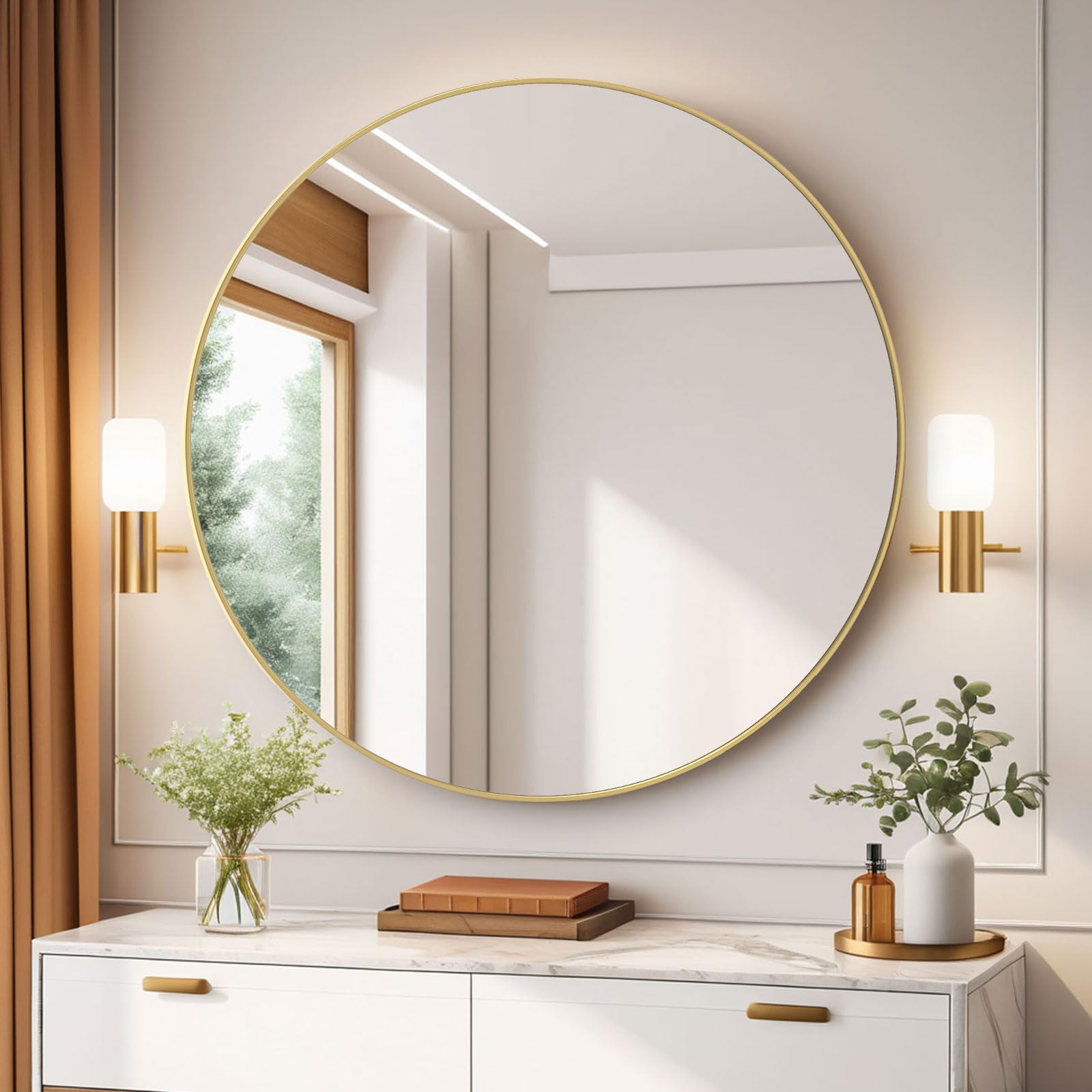 42 Inch Large Round Wall Mirror - HD Gold Circle Mirror for Home Decor, Modern Metal Frame Circular Vanity Mirror - Perfect for Bathroom, Entryway, Hallway & Over Sink - Easy to Install & Stylish Accent Piece