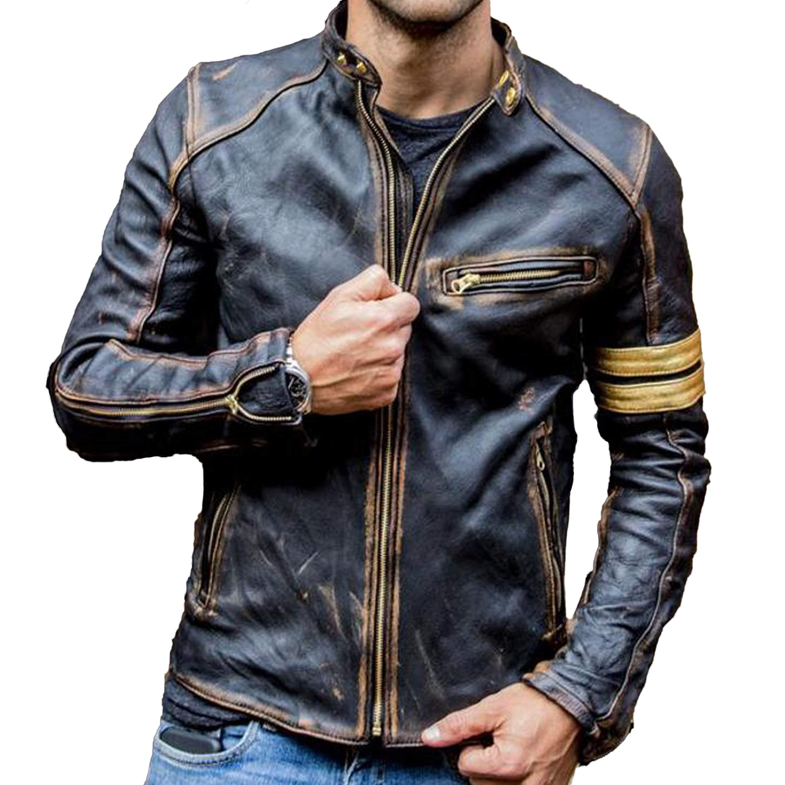 Vintage Black Leather Biker Jacket for Men - Real Lambskin Cafe Racer Jacket for Motorcycle Riding