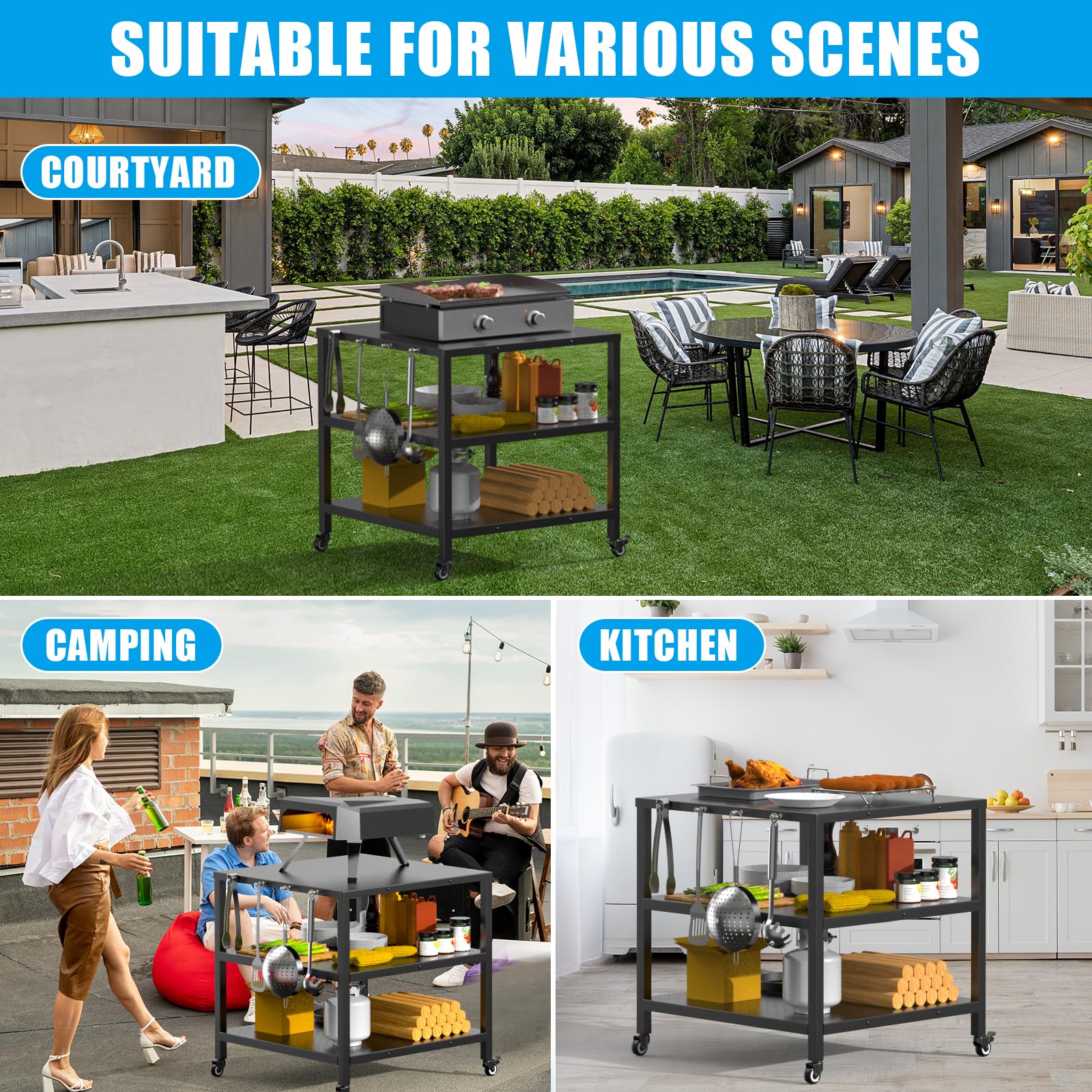 **Portable Outdoor Grill Cart with Pizza Oven & 3-Shelf Storage – Heavy-Duty Rolling BBQ Prep Table with Wheels & Waterproof Cover – Perfect for Backyard Cooking, Camping & Outdoor Dining**
