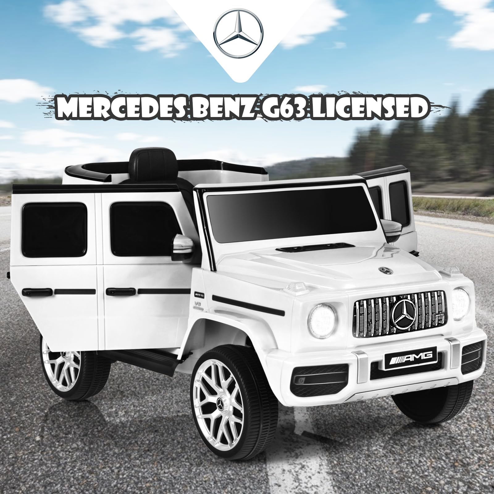 **OLAKIDS 12V Kids Ride On Car - Licensed Mercedes Benz G63 Electric Vehicle with Remote Control, Double Open Doors, Music, Bluetooth, 2 Speeds & Wheels Suspension - Battery Powered Driving Toy for Boys & Girls (White) - Perfect for Indoor & Outdoor Play, Birthday Gifts & Family Fun**