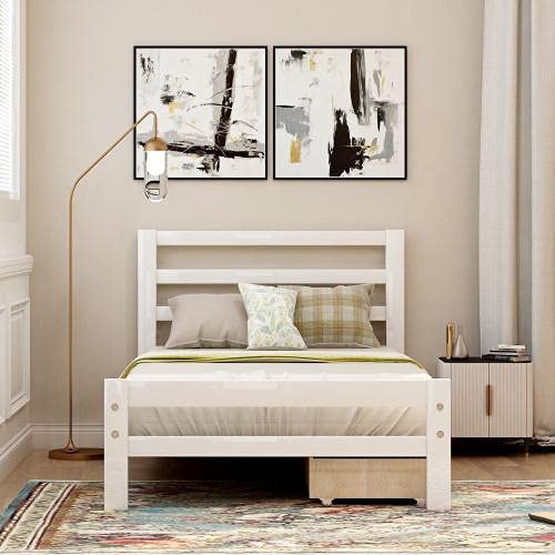 Twin Size Wood Platform Bed with Headboard & 2 Storage Drawers - No Box Spring Needed, White - Perfect for Small Bedrooms, Guest Rooms & Dorm Rooms