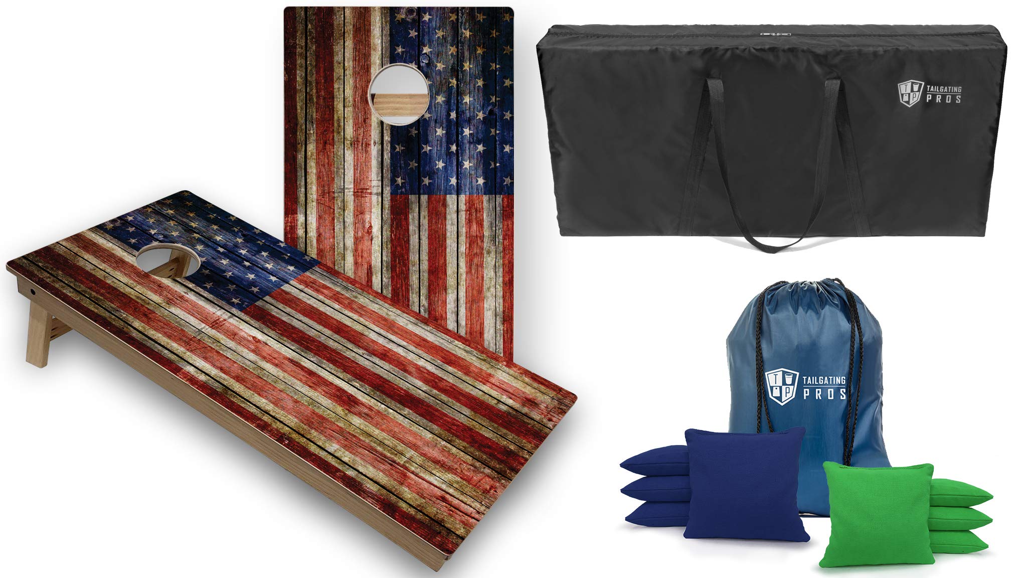 Tournament Grade Cornhole Game Set - 2 Professional 4'x2' Rustic Flag Cornhole Boards, Carrying Case & 8 Bags (LED Lights Option) - Perfect for Tailgating, Backyard Parties & Outdoor Events