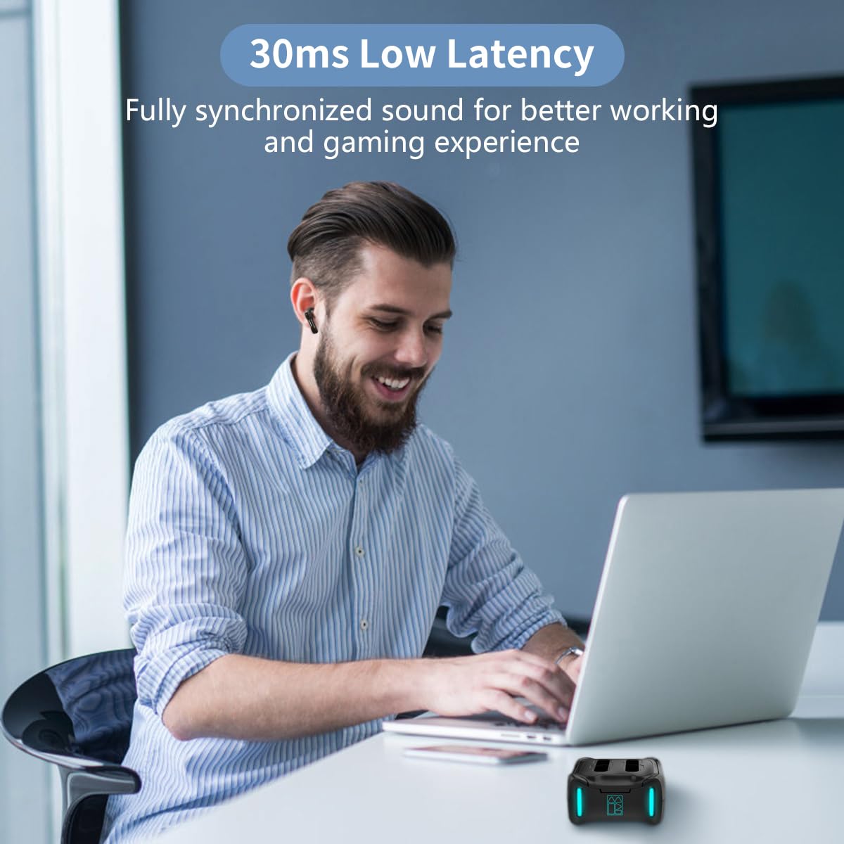 SW4 Wireless Bluetooth Earbuds for PC, Laptop & Mobile - 30ms Low Latency Gaming Headset with 4 Mics - USB Dongle & Bluetooth 5.0 - Comfortable Hidden Office Earbuds for Work, Video Calls & Online Meetings