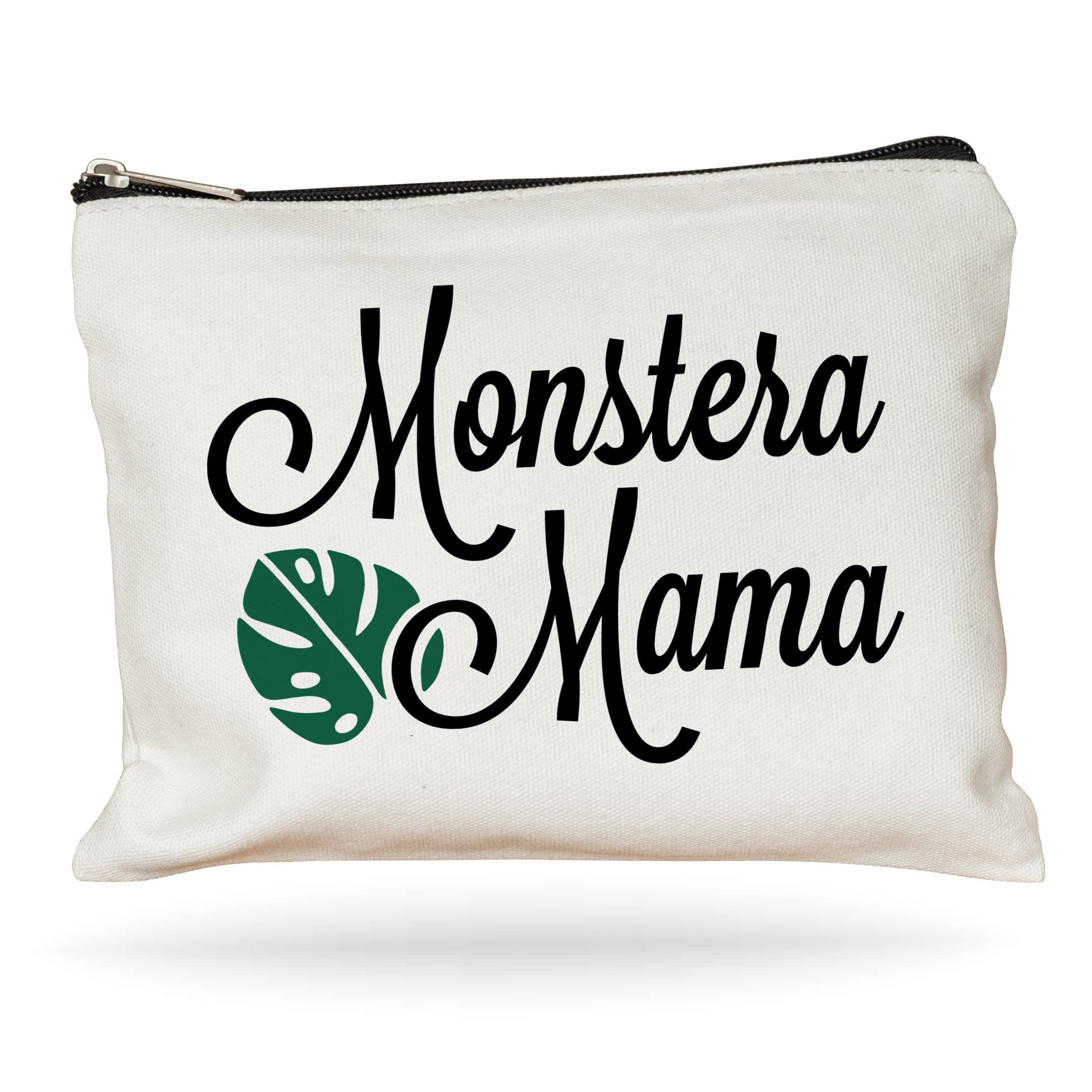 Moonwake Designs Monstera Mama Makeup Bag - Beige Cotton Canvas Cosmetic Pouch for Women, Plant Lover Gift Idea - Perfect for Travel, Gym & Daily Essentials Organization