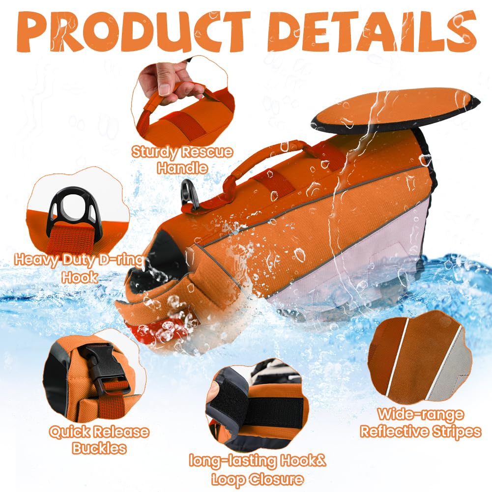 EMUST Dog Life Jacket & Swimming Vest - Adjustable Ripstop Flotation Vest with Rescue Handle for French Bulldog, Dachshund, Corgi (Orange, Medium) - Perfect for Beach, Pool & Boating Safety
