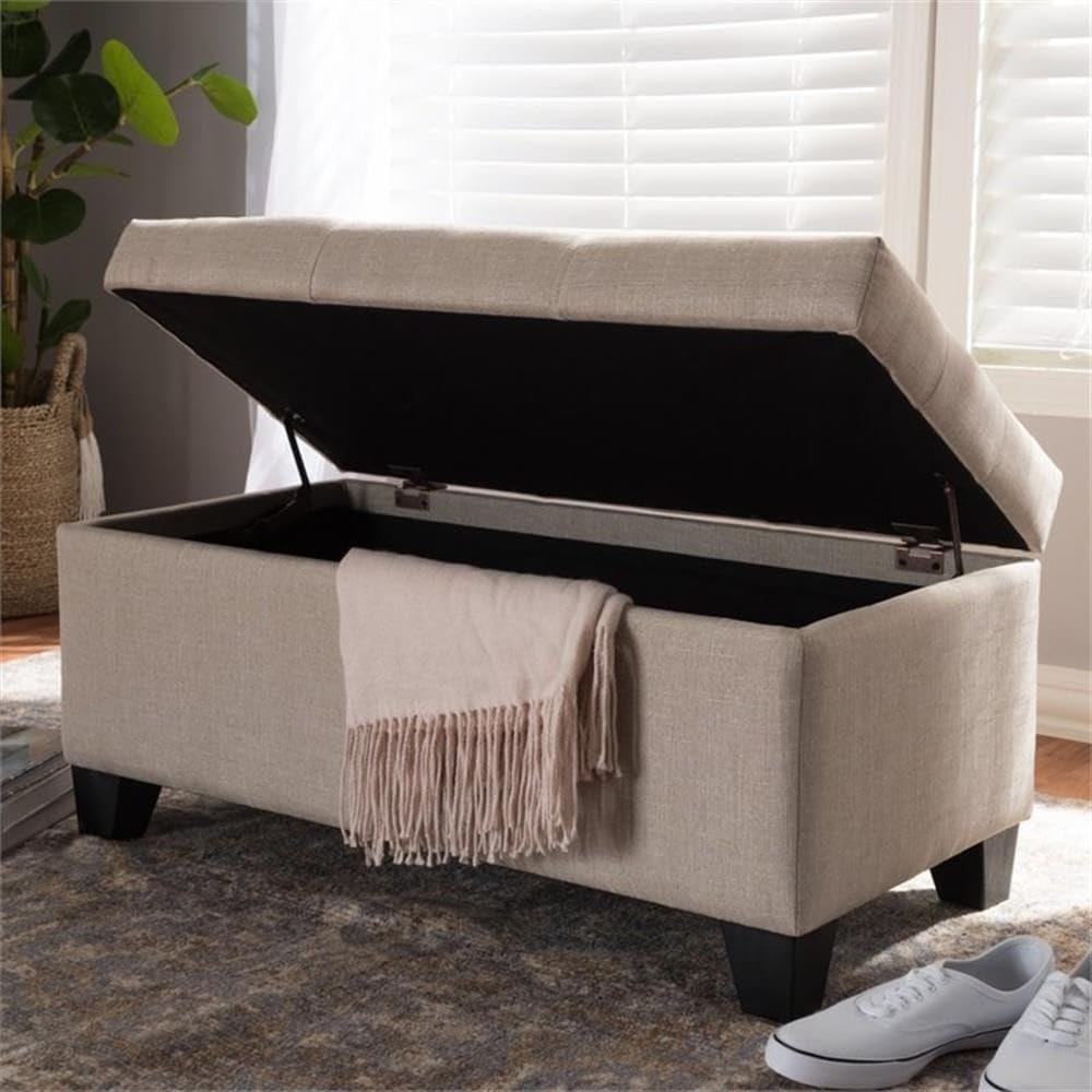 BOWERY HILL Upholstered Storage Ottoman Bench in Beige - Stylish Footrest, Coffee Table & Extra Seating for Living Room, Bedroom & Entryway
