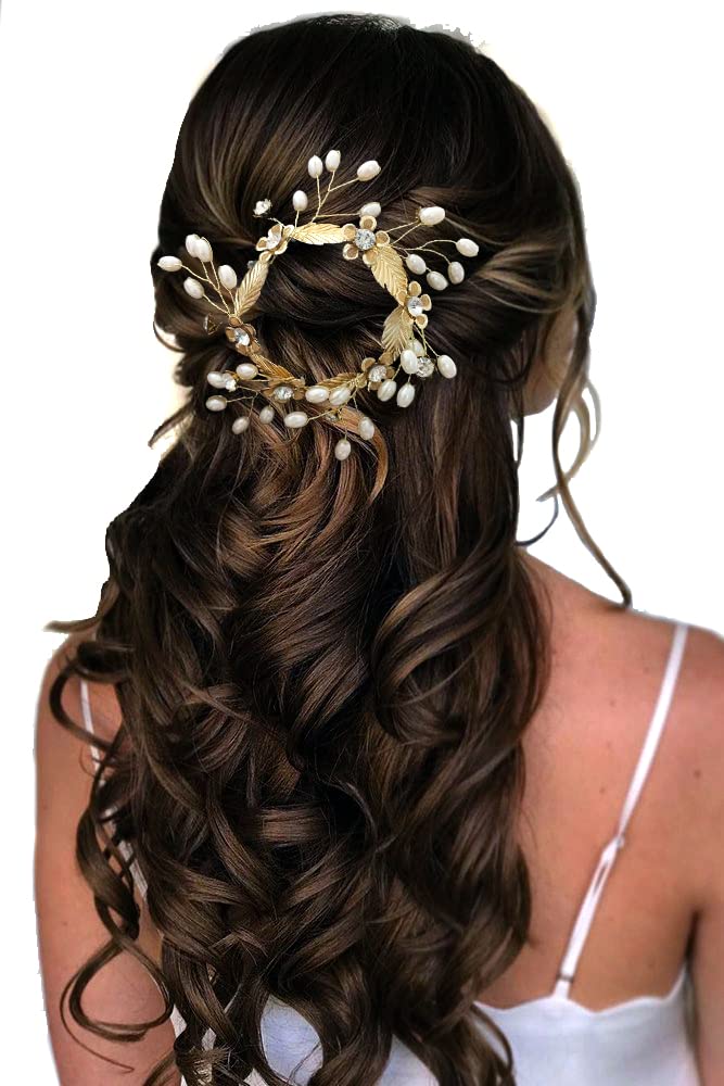 Elegant Gold & White Floral Hair Claw Clip with Metal Leaves, Stones & Pearls - Bridal Hair Accessories for Women & Girls (2437) - Perfect for Weddings, Parties & Everyday Styling