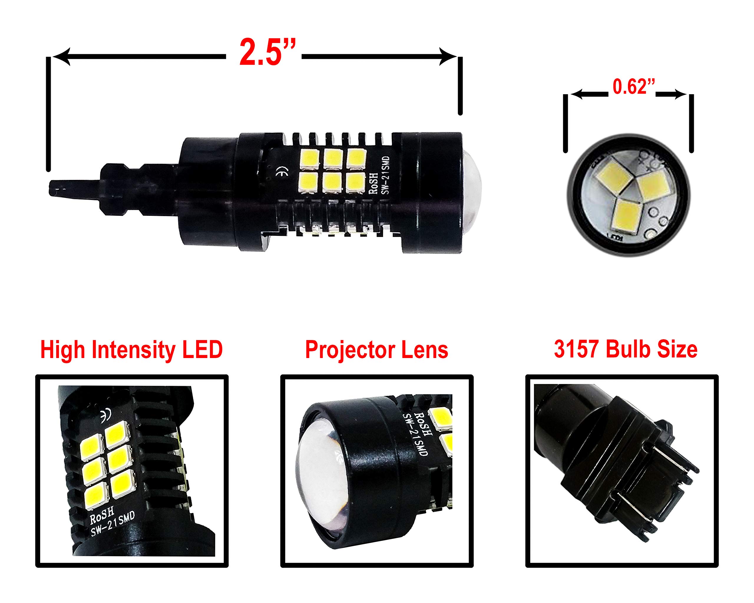 2-Pack White LED 3157 3156 3057 3056 Bulbs - 3-Sided Dual Intensity 21SMD Projector Lens for Running Tail, Brake, Turn Signal & Reverse Lights (12V-24V) - Perfect for Cars, Trucks, SUVs & Motorcycles