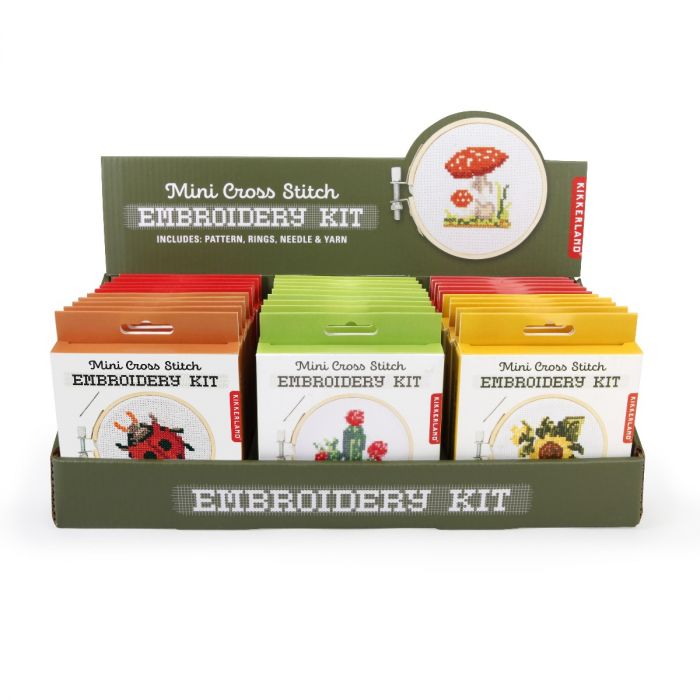 Kikkerland Mini Cross Stitch Embroidery Kits for Beginners - DIY Craft Kit with Thread, Needle & Pattern - Perfect for Relaxation, Gifts & Home Decor
