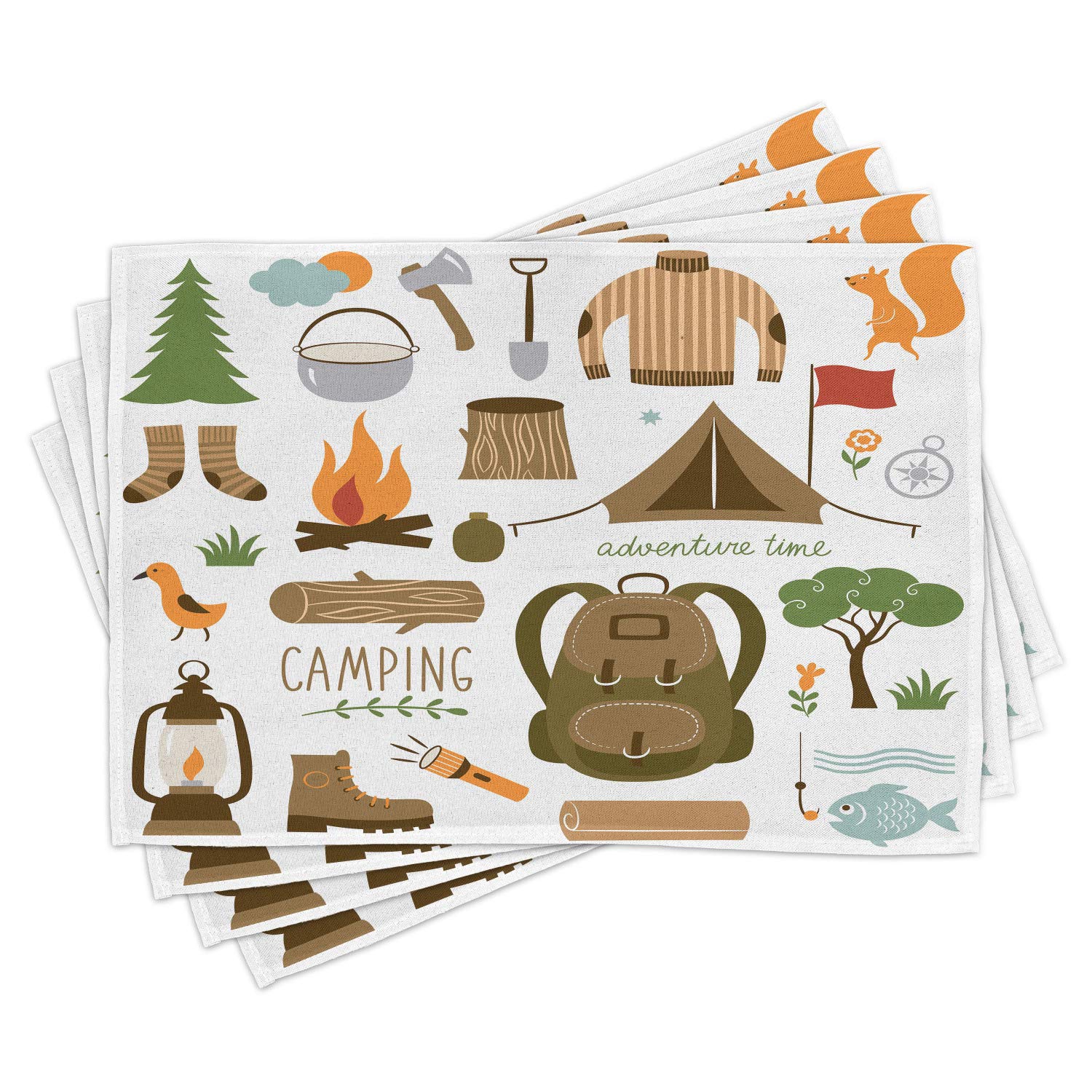 Ambesonne Adventure-Themed Place Mats Set of 4 - Camping Equipment Design with Sleeping Bag, Boots & Campfire Tools - Washable Fabric Table Mats for Dining - Standard Size (White & Khaki) - Perfect for Outdoor Enthusiasts & Cabin Decor
