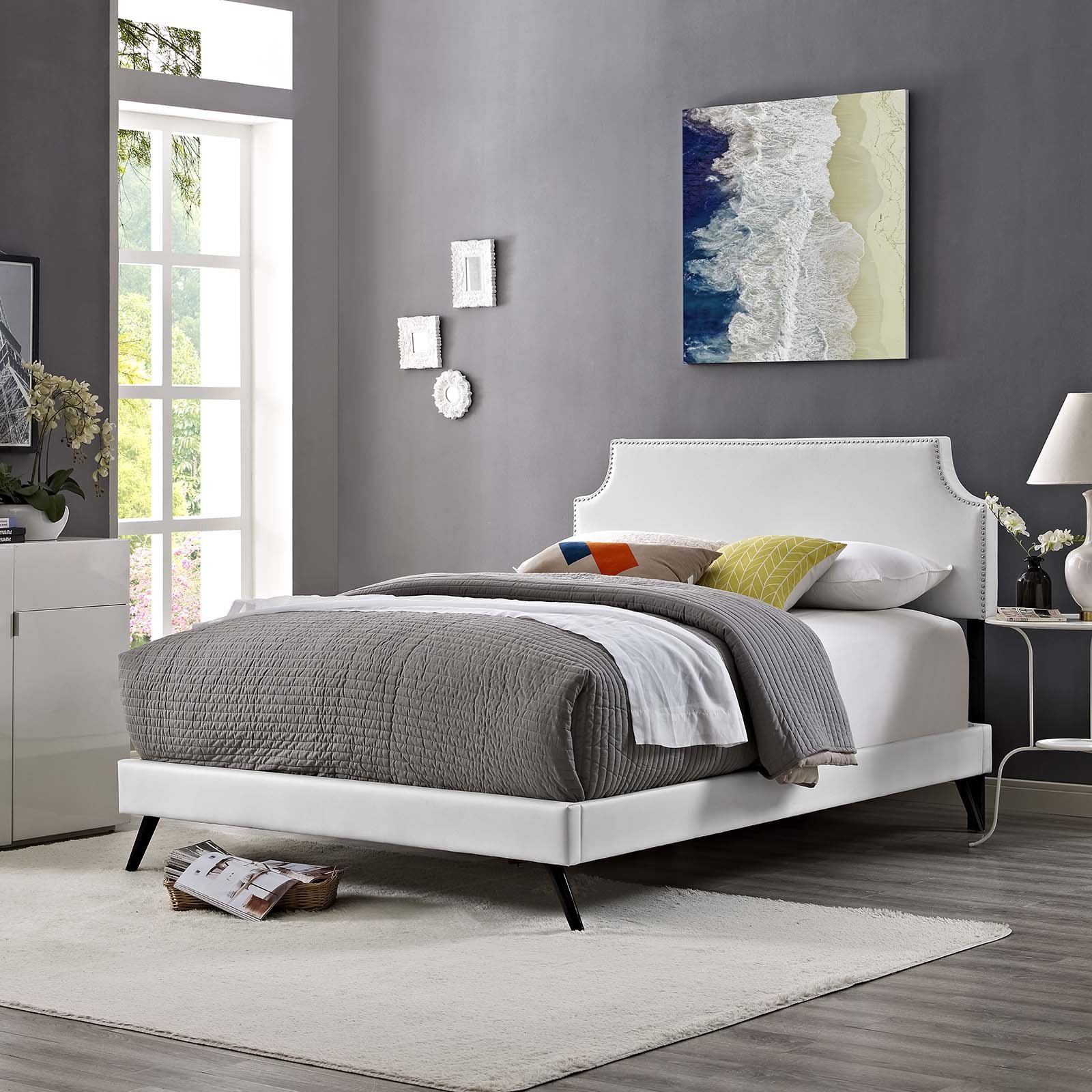 Modway Corene White Faux Leather Upholstered Full Size Platform Bed Frame with Round Splayed Legs - Modern Bedroom Furniture for Small Spaces & Guest Rooms