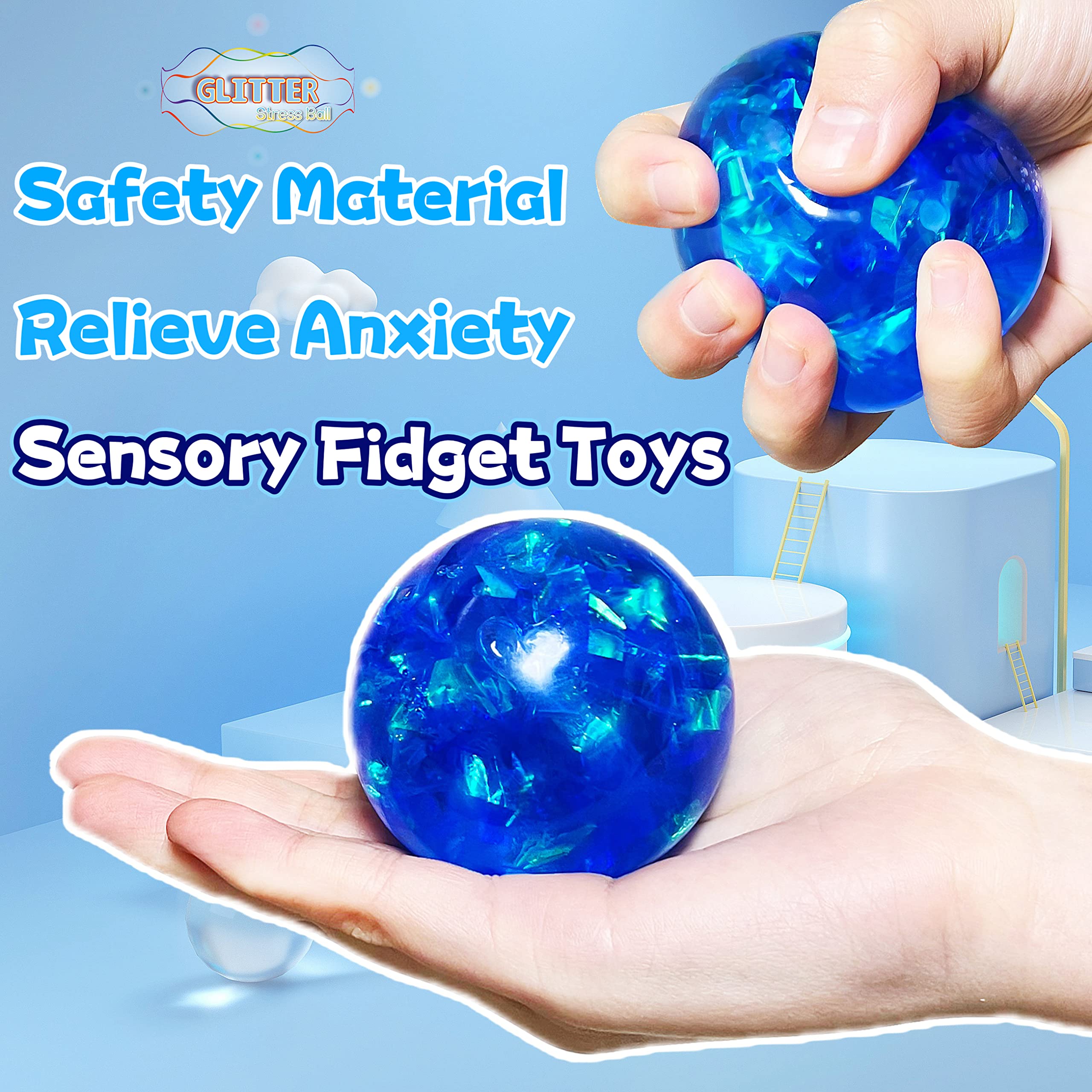 Blue Glitter Stress Balls for Kids & Adults - Squeeze & Stretch Sensory Fidget Toys for Anxiety Relief, Party Favors & Easter Basket Stuffers - Perfect for Office, Classroom & Travel Stress Management
