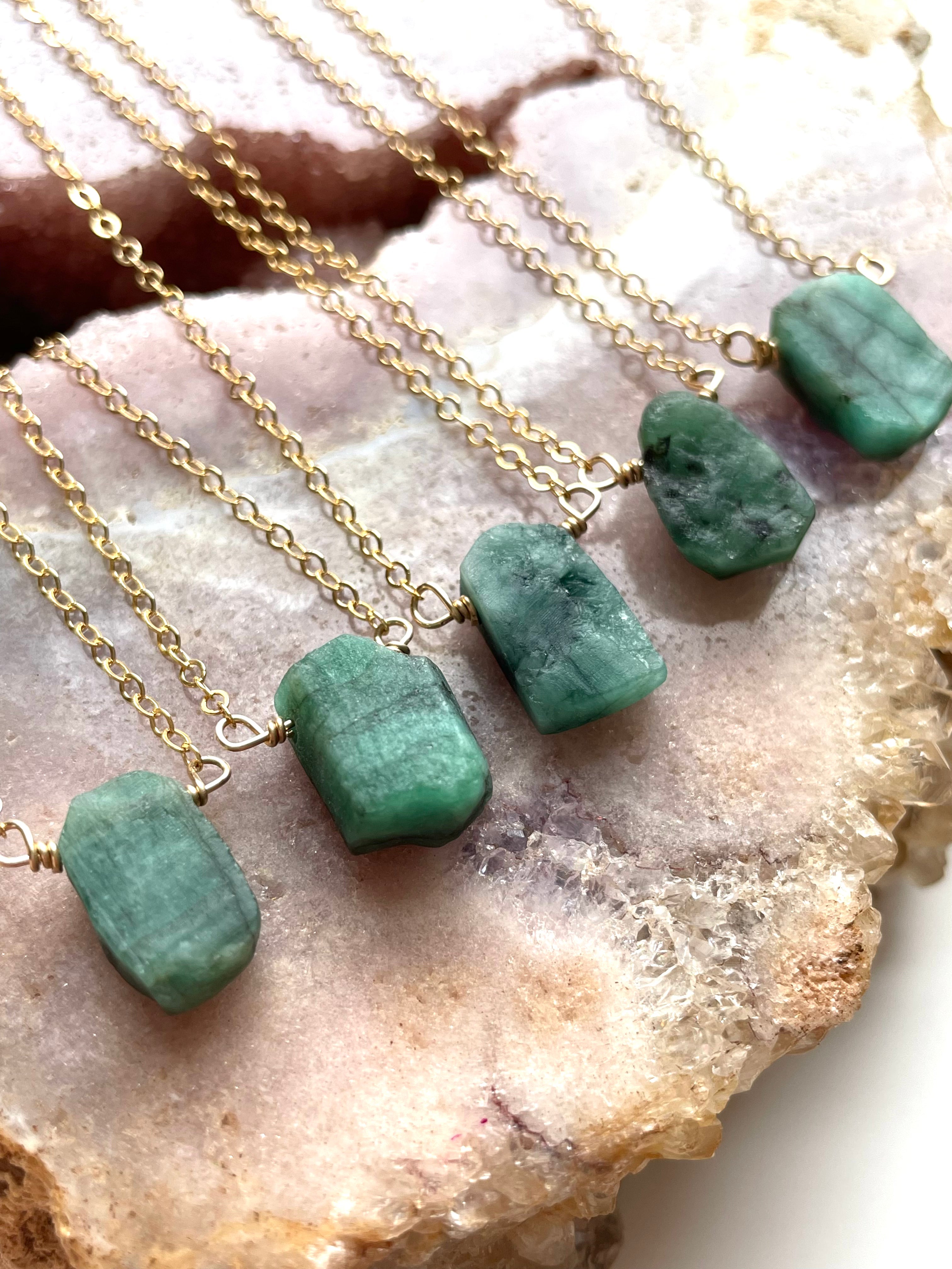 Natural Raw Emerald Pendant Necklace - 14K Gold Filled or 925 Sterling Silver Chain - Boho Chic Jewelry for Women, Gift for Her, Birthday & Anniversary Present