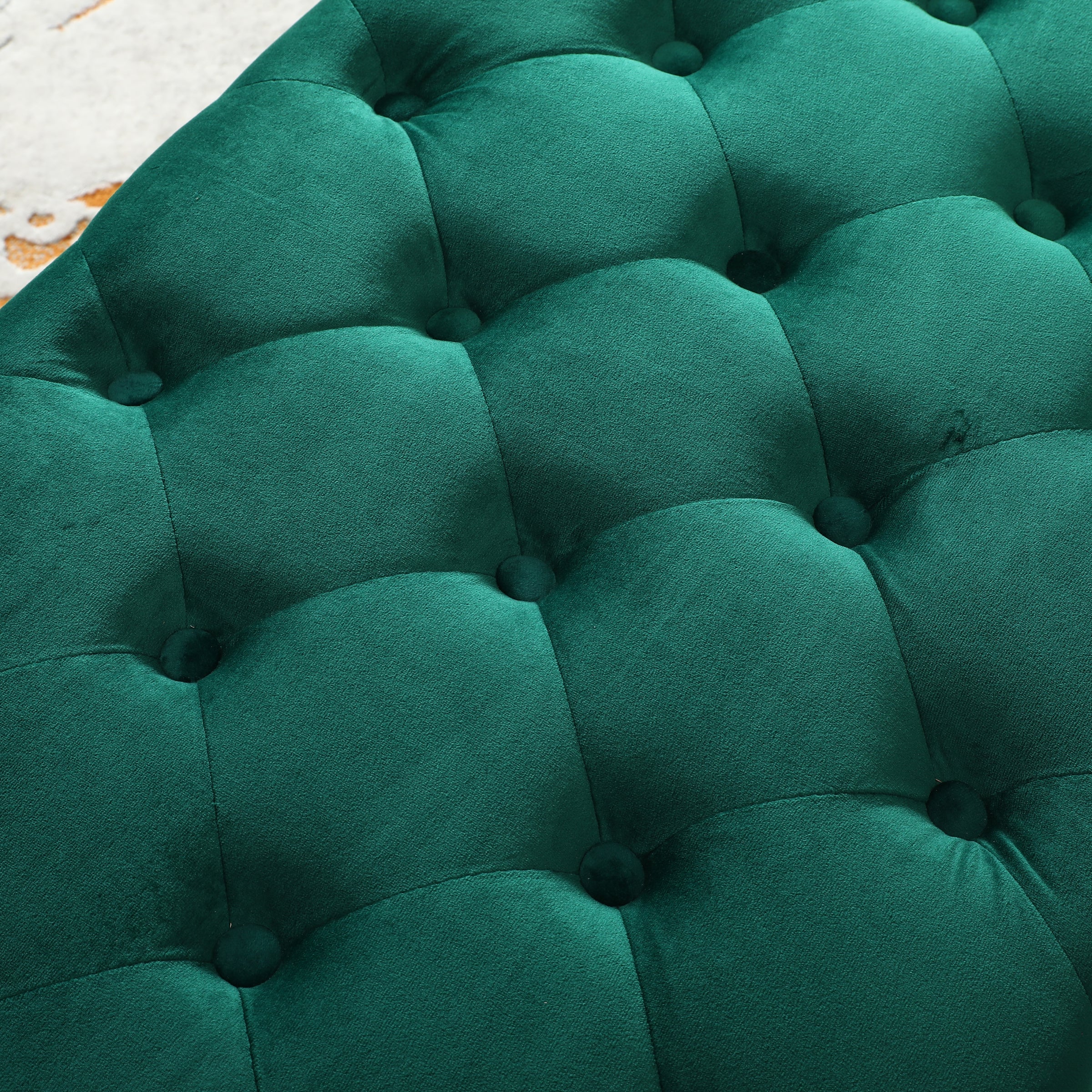 Roundhill Furniture Sira Velvet Button Tufted Bench with Gold Metal Legs - Green Velvet Upholstered Storage Ottoman for Living Room, Bedroom & Entryway - Perfect for Seating, Decor & Extra Storage