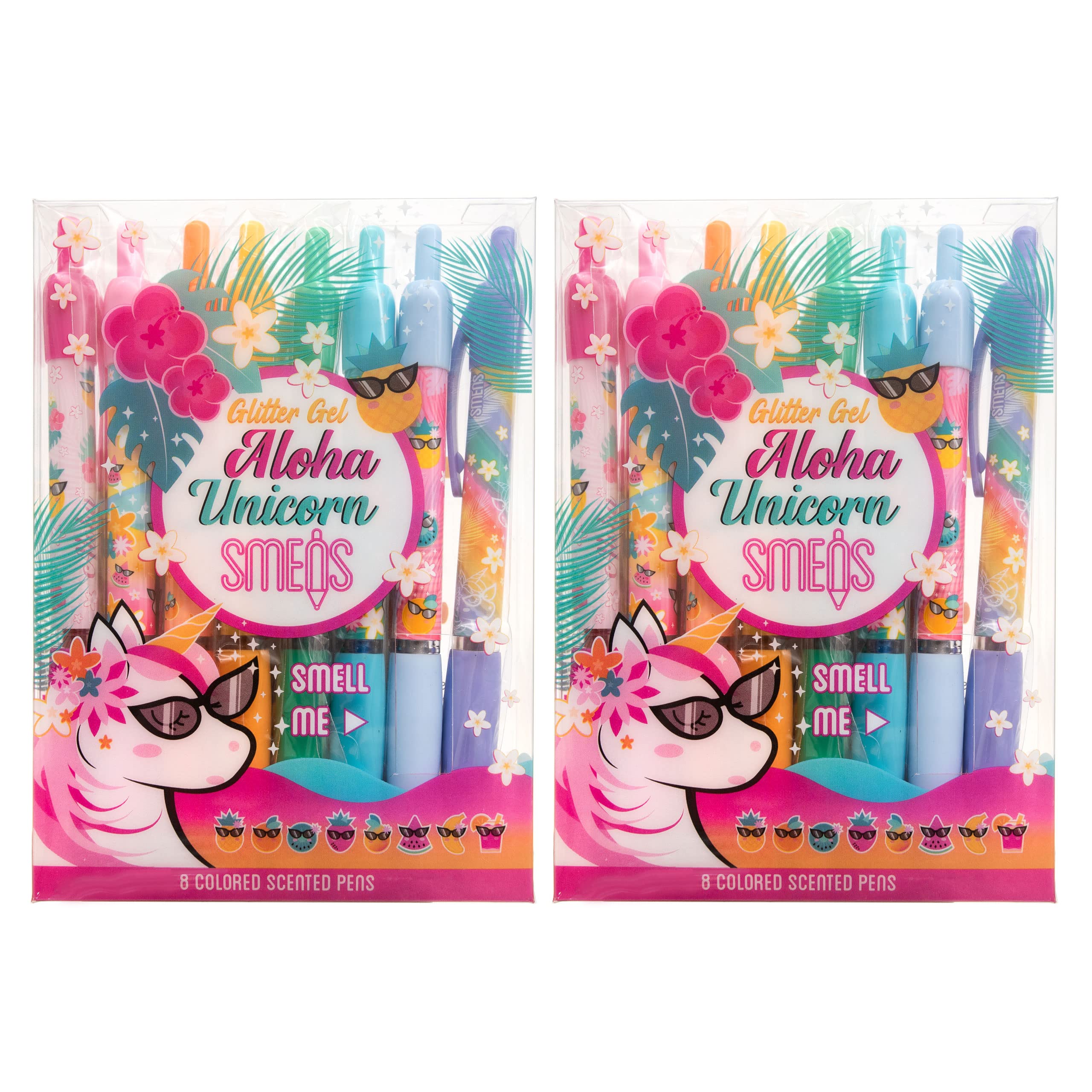 Glitter Gel Pens (2 Pack) - Aloha Unicorn Scented Gel Pens, Medium Point, 8 Count Colored Ink Pens for School, Office, Note Taking, Journaling & Creative Writing