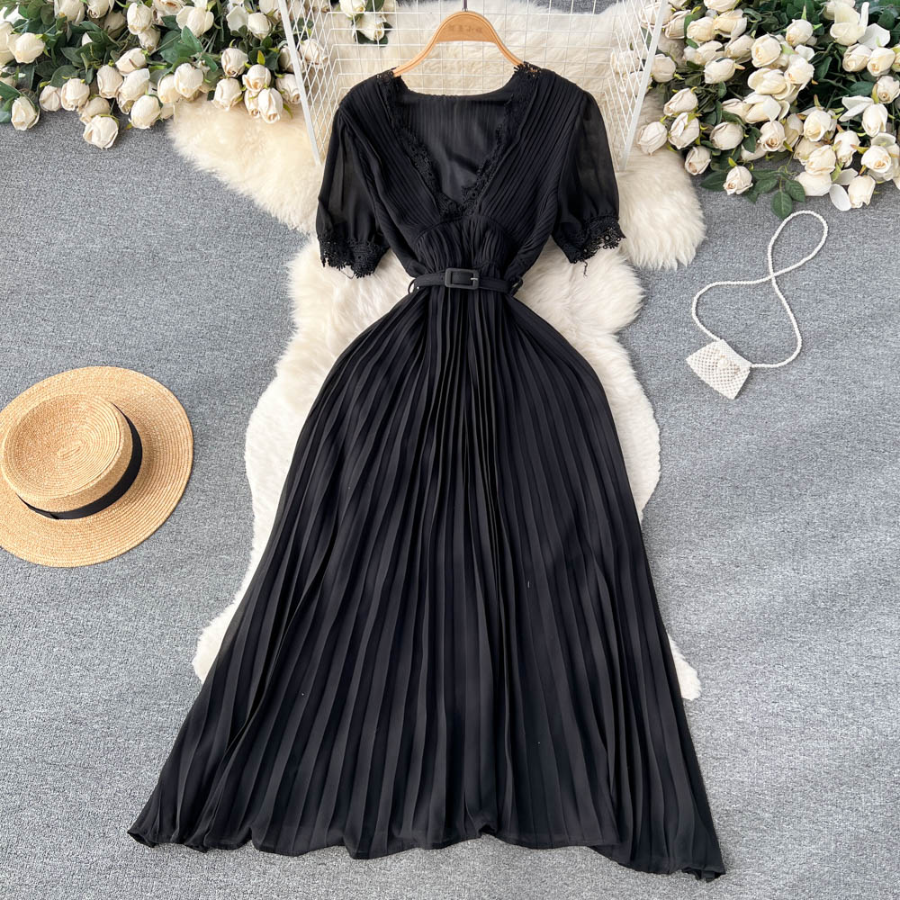 Lace V-Neck A-Line Dress for Women - Summer Short Sleeve Flowy Skirt - Perfect for Beach Vacations, Date Nights & Casual Outings
