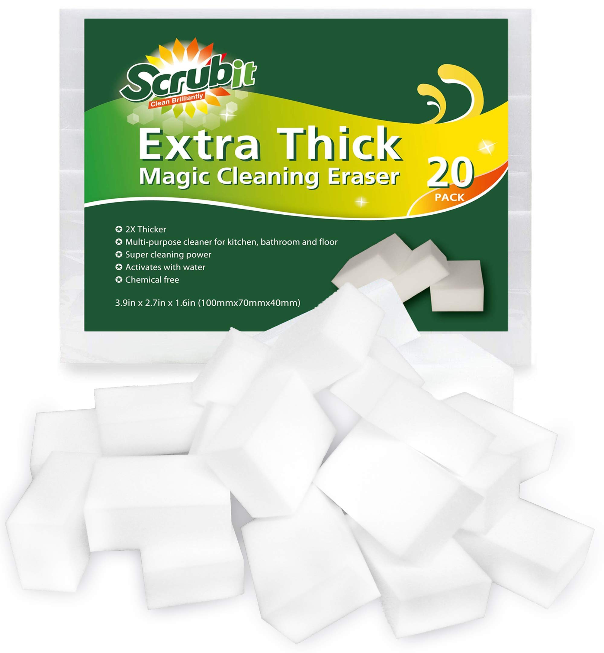 (20 Pack) Extra Thick Magic Sponge Eraser by SCRUBIT - Heavy Duty Melamine Cleaning Sponges for Kitchen, Bathroom, Floor & Wall - Removes Tough Stains & Dirt - Durable Long Lasting Foam Scrubbing Pads (Perfect for Cleaning Grease, Scuffs & Grime on Appliances, Tiles & Countertops)