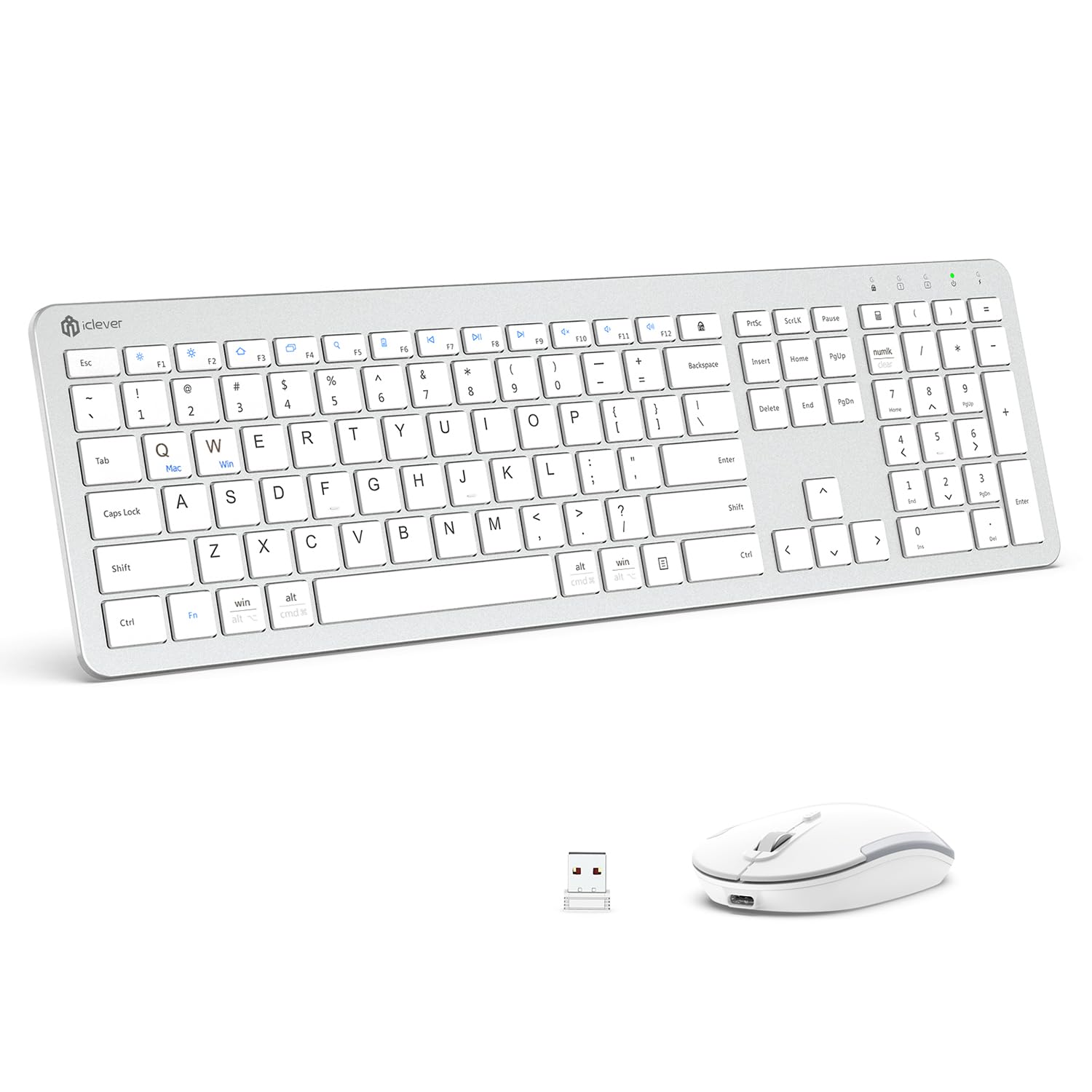iClever Wireless Keyboard and Mouse Combo - GK08 White Ergonomic Full-Size Keyboard with Number Pad & Quiet Mouse - 2.4G Connection for Windows PC, Laptop, Office & Home Use