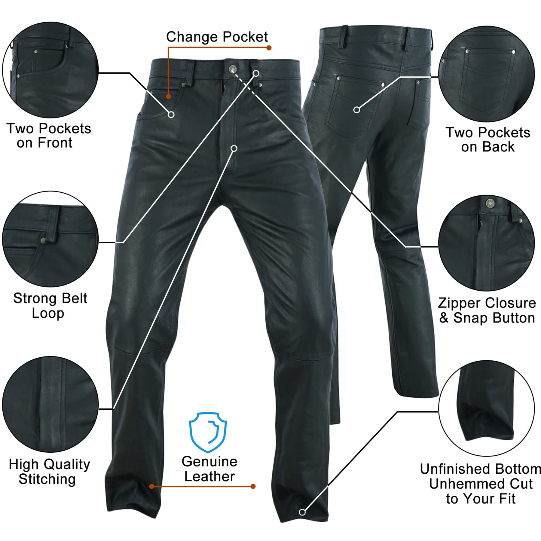 Men's Black Leather Motorcycle Pants - Biker Jeans Style with 5 Pockets for Riding Comfort