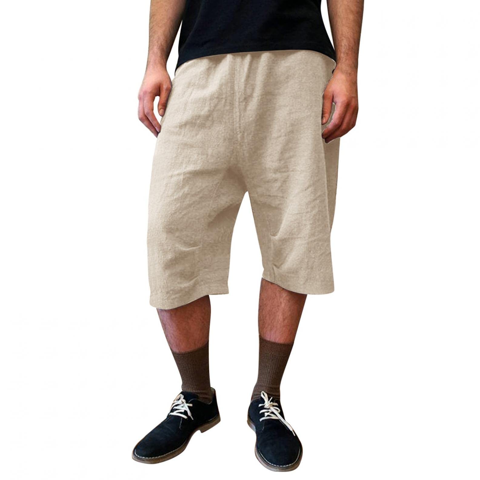 **Men's Gym Shorts - Athletic & Casual Workout Shorts with Pockets | Breathable Linen Cotton Capri Pants | Wide Leg Below Knee Harem Pants for Running, Yoga & Lounge**